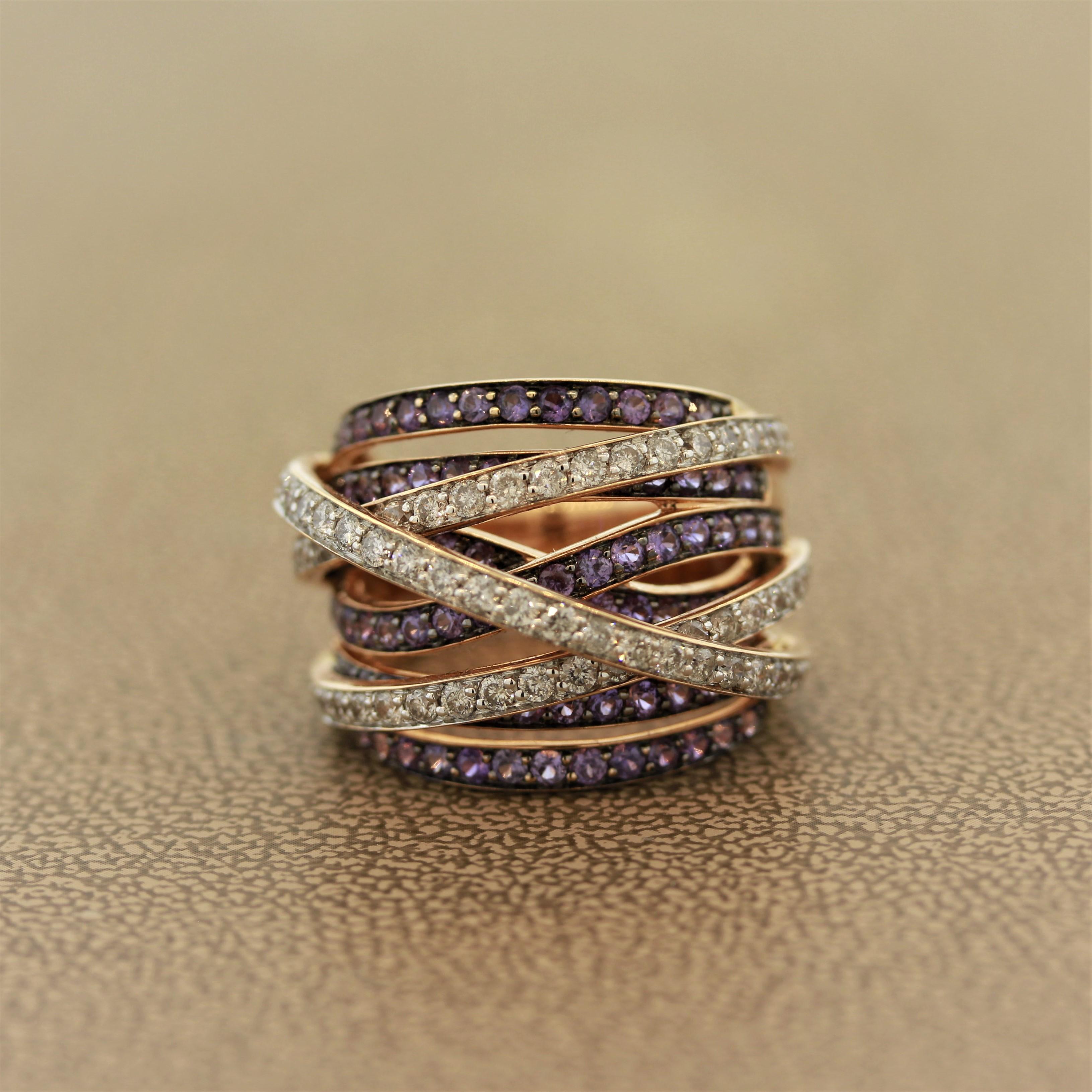 This stylish ring features 1.68 carats of round brilliant cut diamonds along with 2.10 carats of fine purple sapphire. They are set on bridges of 18k rose gold which cross over each other giving this piece a unique style. It can be worn casually
