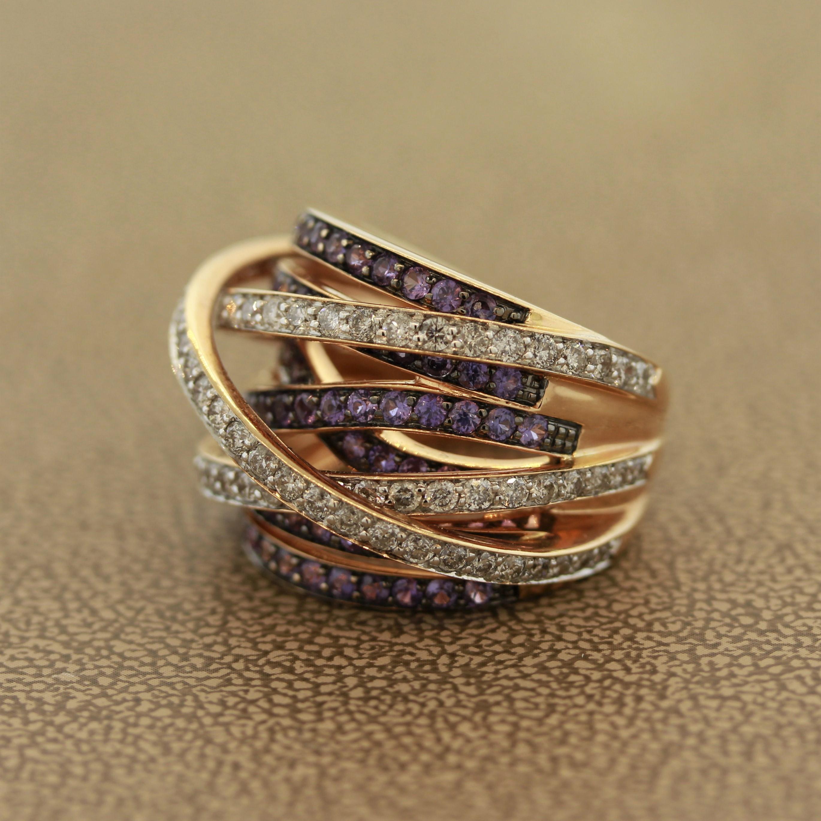 Round Cut Diamond Purple Sapphire Gold Bridge Ring Band
