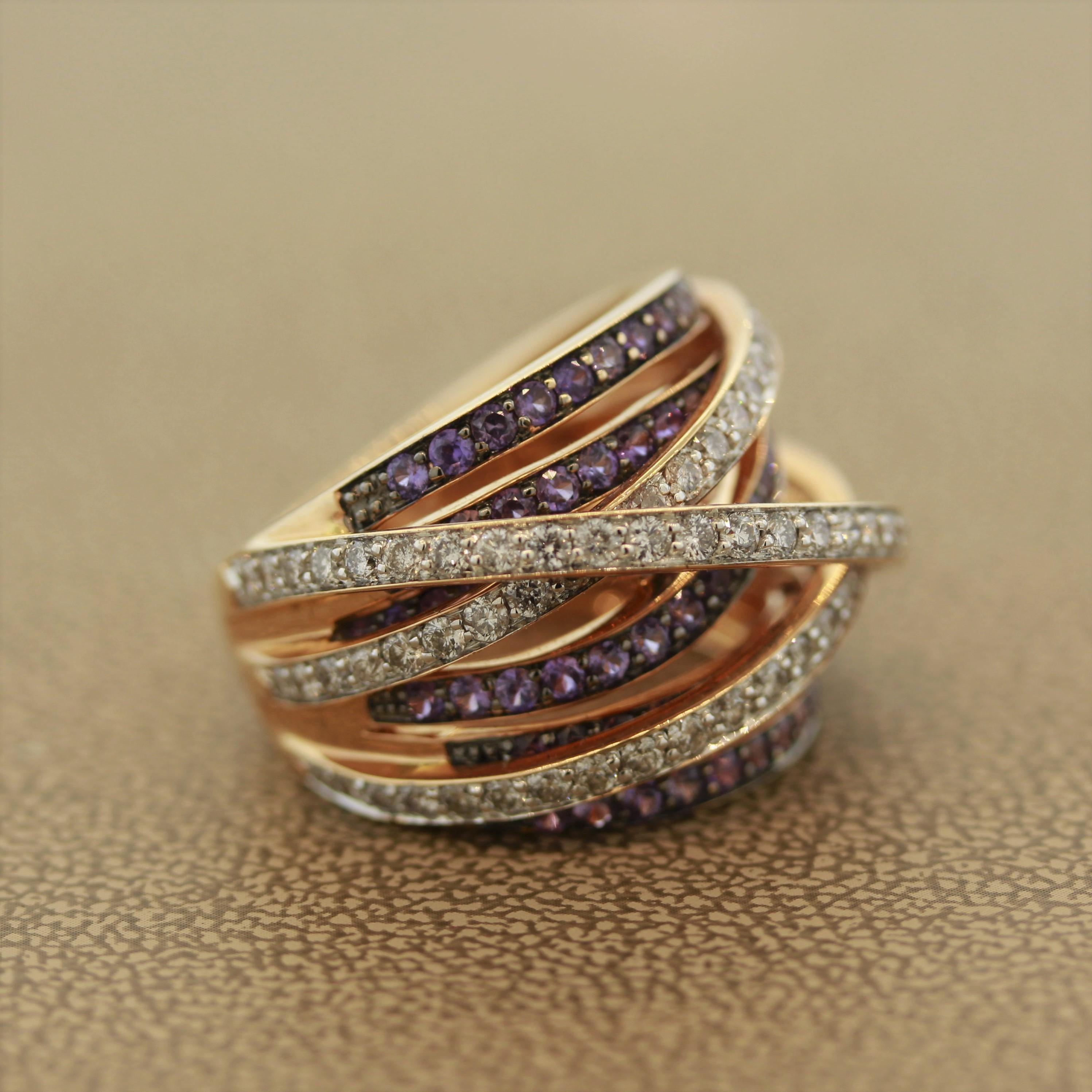 Diamond Purple Sapphire Gold Bridge Ring Band 2