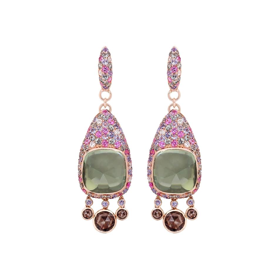 Boucles d'oreilles en or jaune 18 carats avec diamants, quartz, saphirs verts, saphirs roses et quartz