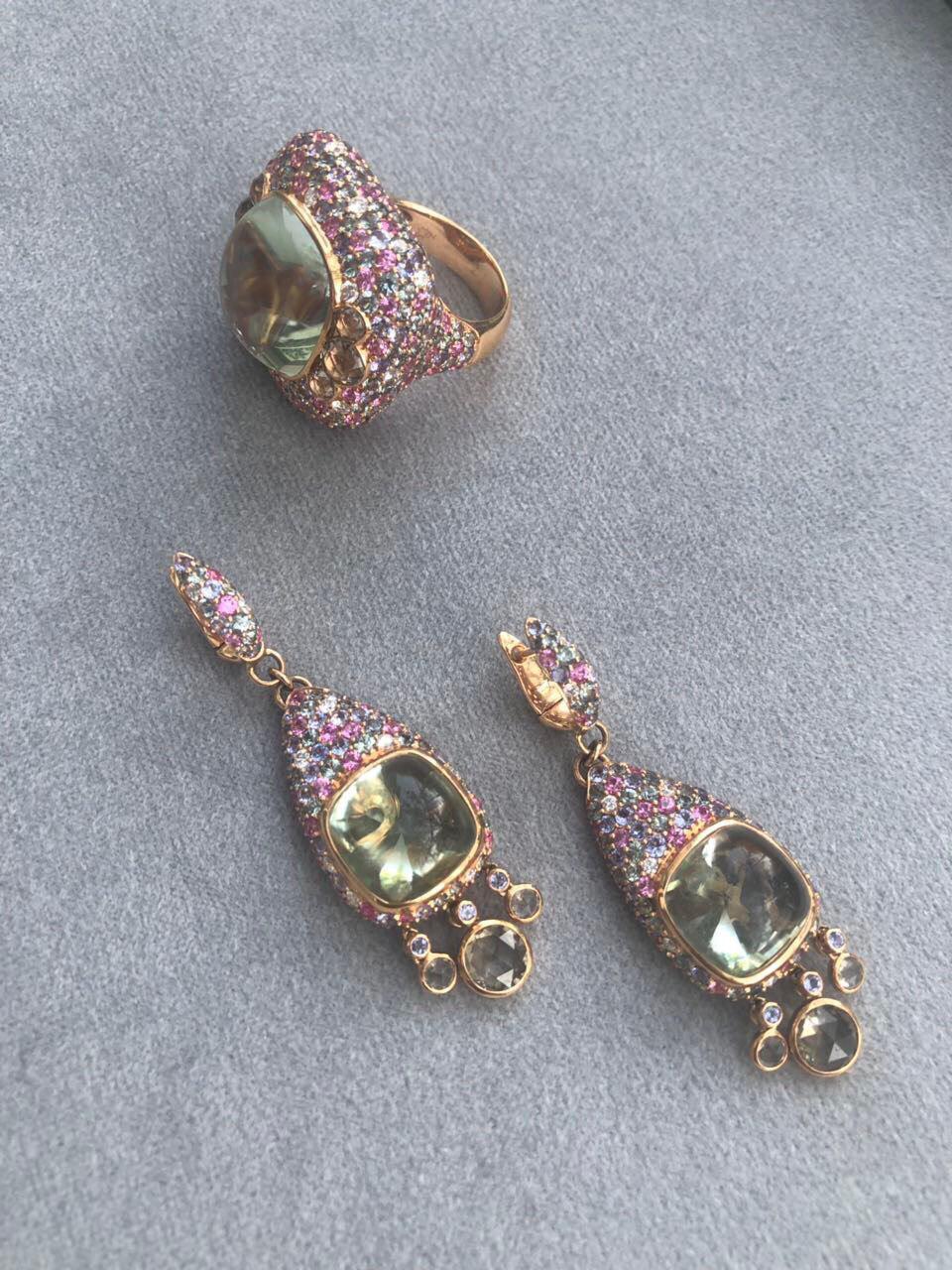 Diamond Quartz Green Sapphire Pink Sapphire Quartz Yellow Gold 18 Karat Ring In New Condition For Sale In Montreux, CH