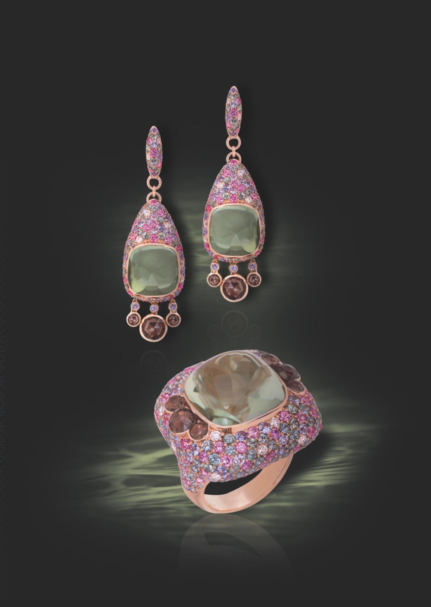 Round Cut Diamond Quartz Green Sapphire Pink Sapphire Quartz Yellow Gold 18 Karat Ring For Sale