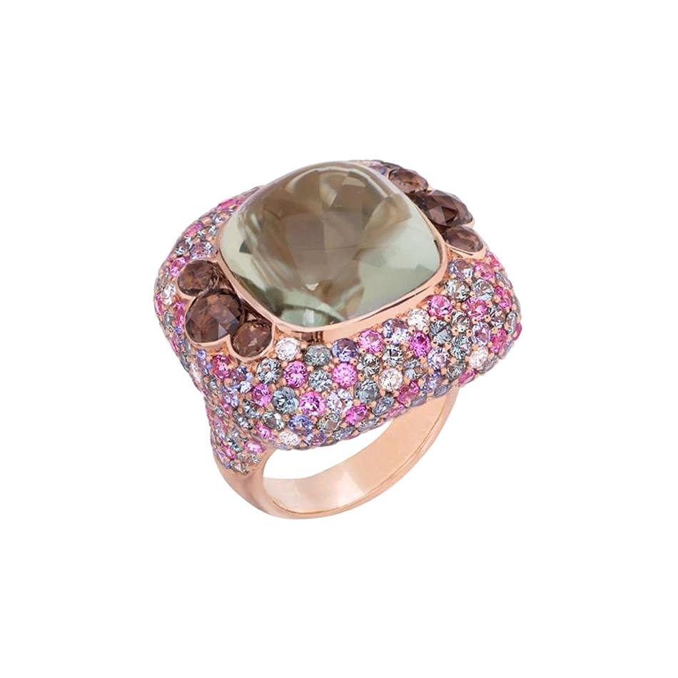 Bague en or jaune 18 carats avec diamants, quartz, saphirs verts, saphirs roses et quartz