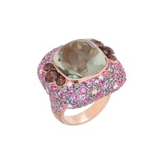 Diamant-Quarz Grüner Saphir Rosa Saphir Quarz Gelbgold 18 Karat Ring