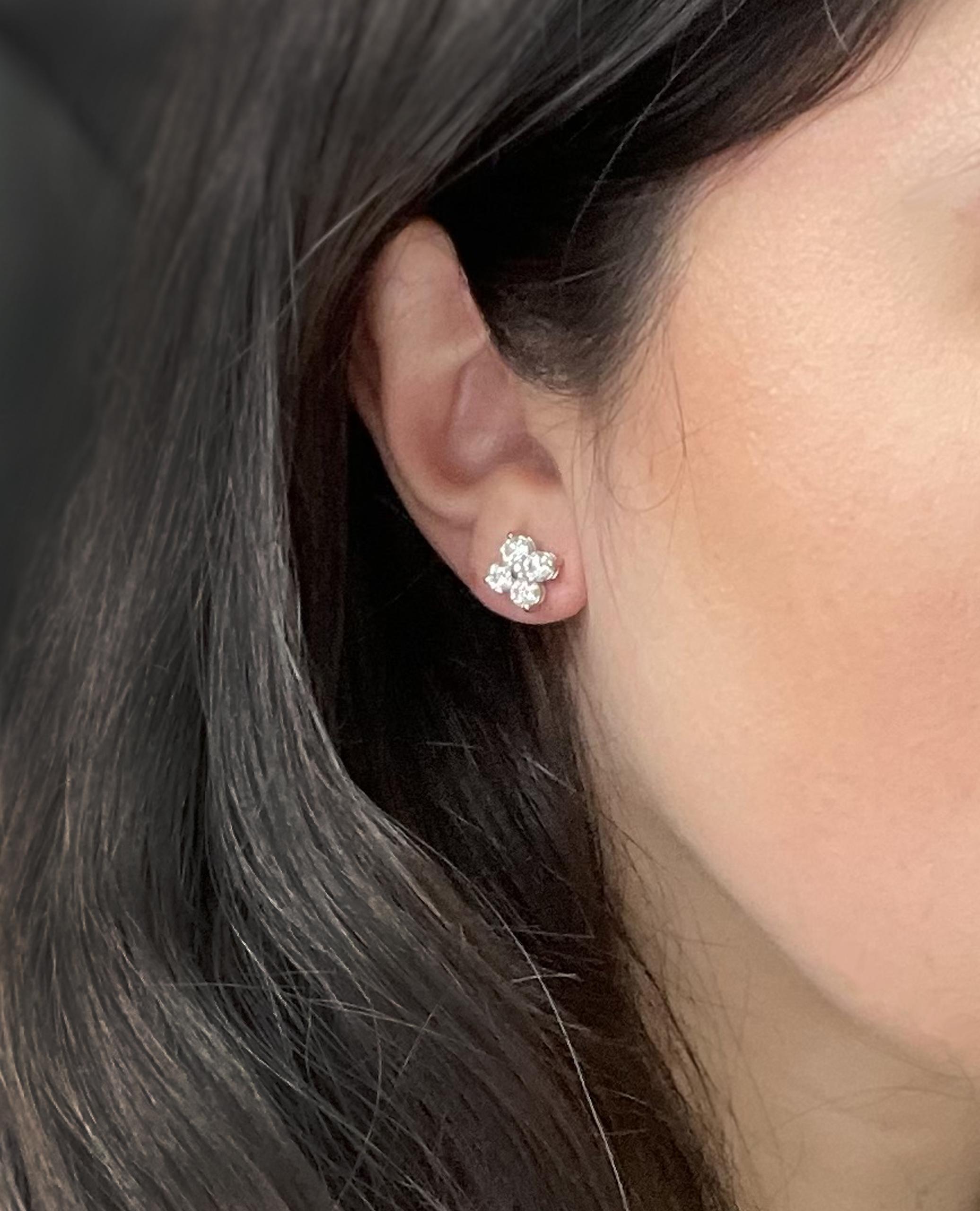 Round Cut Diamond Quatrefoil Cluster Stud Earrings in 14K White Gold