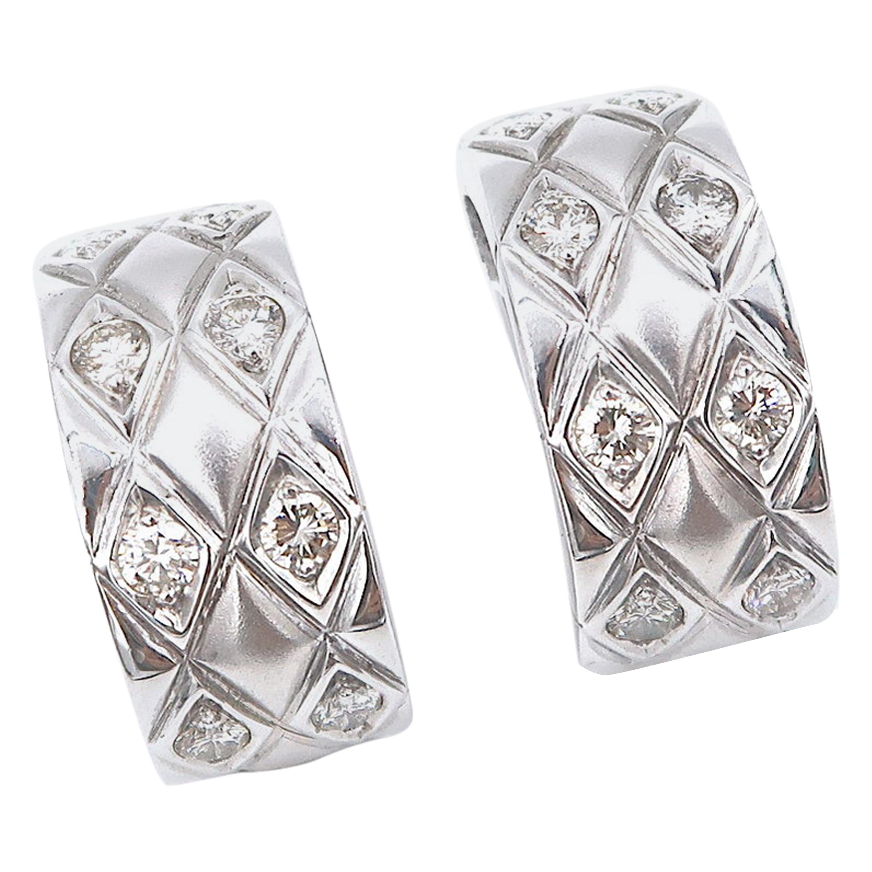 Diamond Quilted Rhombus 18 Karat White Gold Hoops For Sale