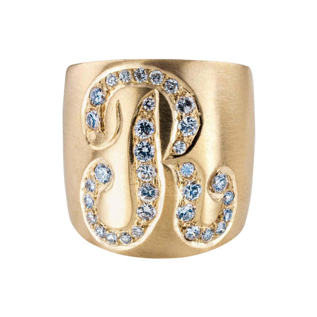 Diamond R Initial Yellow Gold Cigar Band Ring Size 5