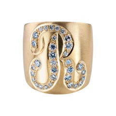 Retro Diamond R Initial Yellow Gold Cigar Band Ring Size 5