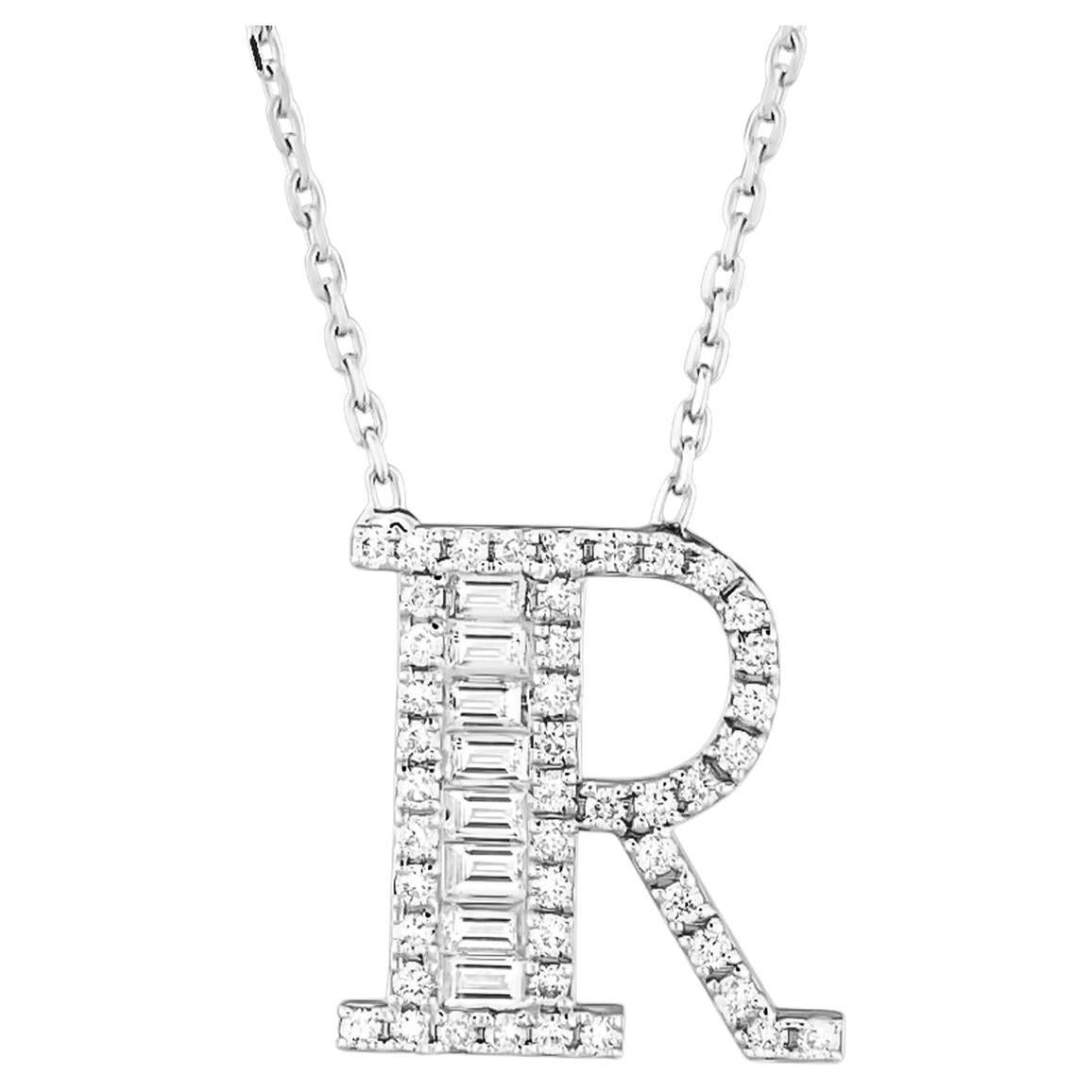 Diamond R Letter Baguette Charm Pendant 14K White Gold Personalized Necklace For Sale