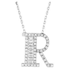 Diamond R Letter Baguette Charm Pendant 14K White Gold Personalized Necklace
