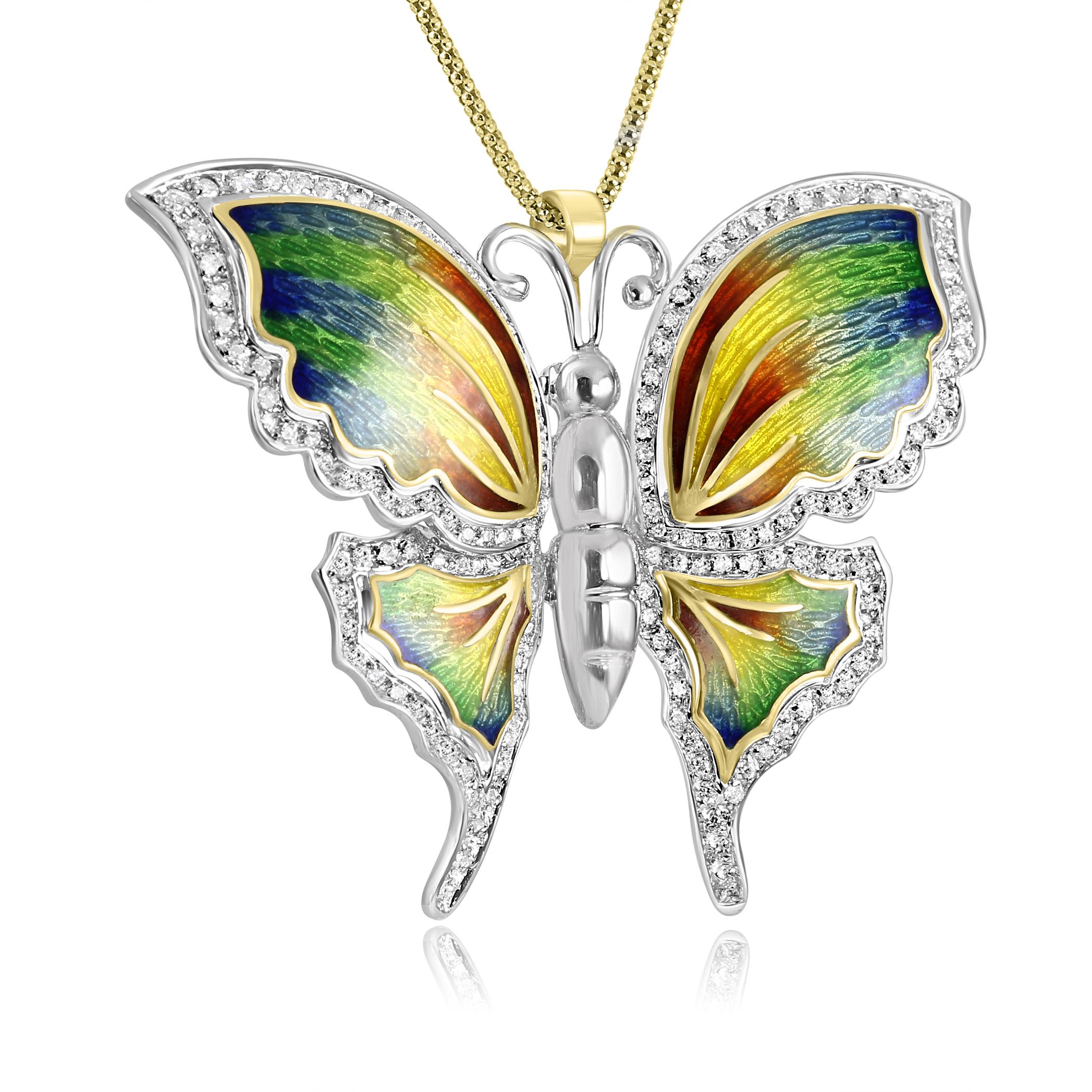 For all insect, and nature lovers, here's our charming & unique rainbow Enamel & Diamond butterfly pendant brooch. 

This Pendant/Brooch features the butterfly's wings adorned with dazzling white diamonds with F-G color and VS-SI clarity, weighing