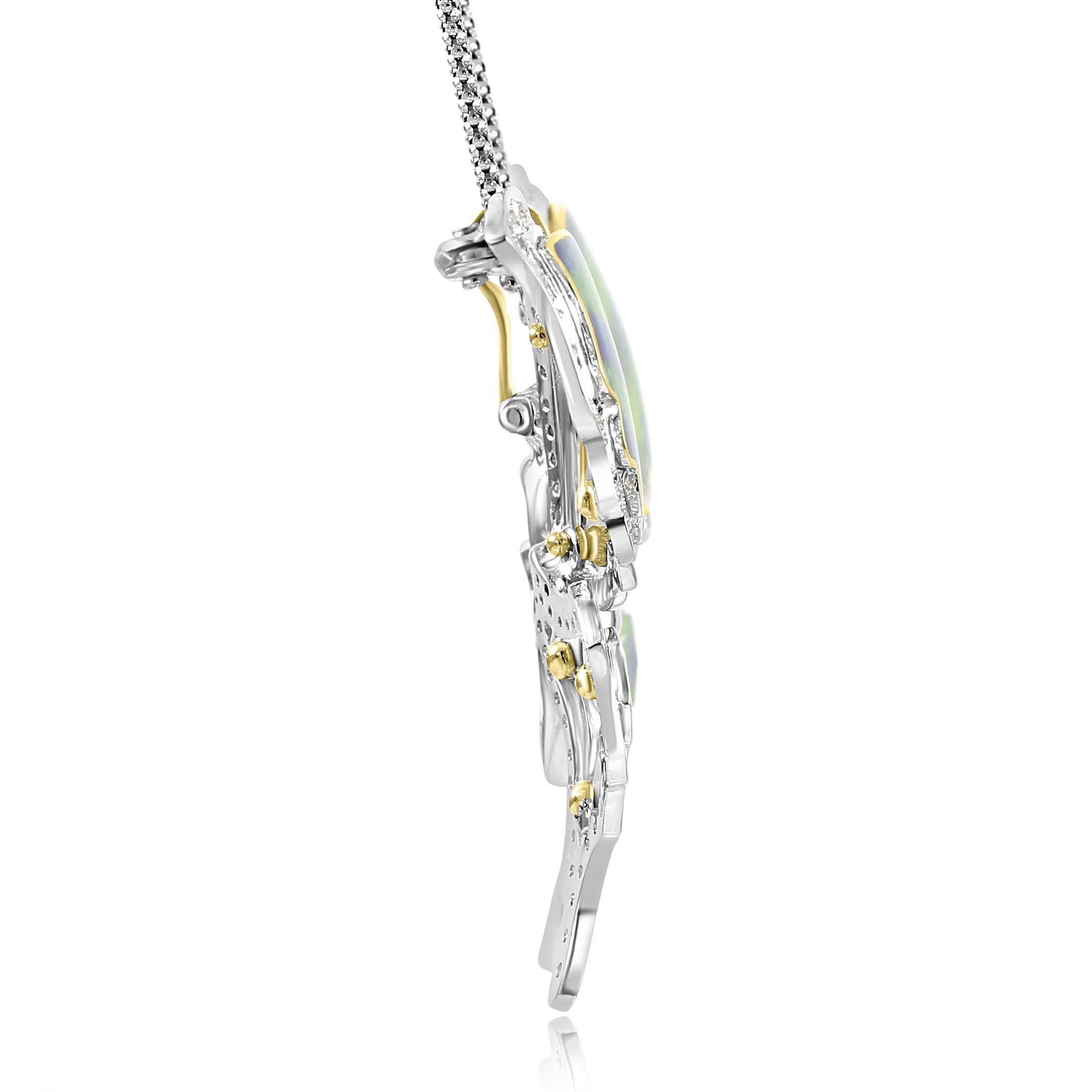 Art Deco Diamond & Rainbow Enamel 18 Karat Yellow & White Gold Butterfly Brooch Pendant For Sale