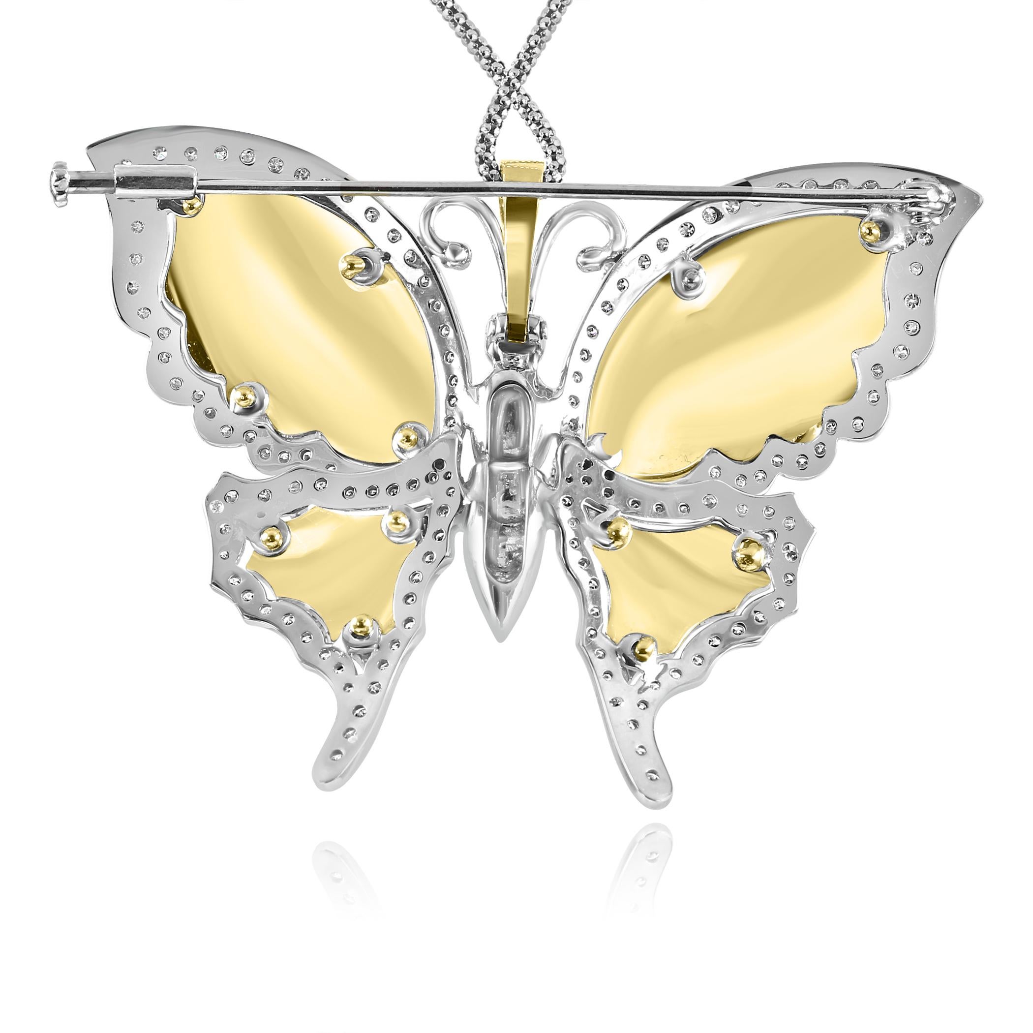 Round Cut Diamond & Rainbow Enamel 18 Karat Yellow & White Gold Butterfly Brooch Pendant For Sale