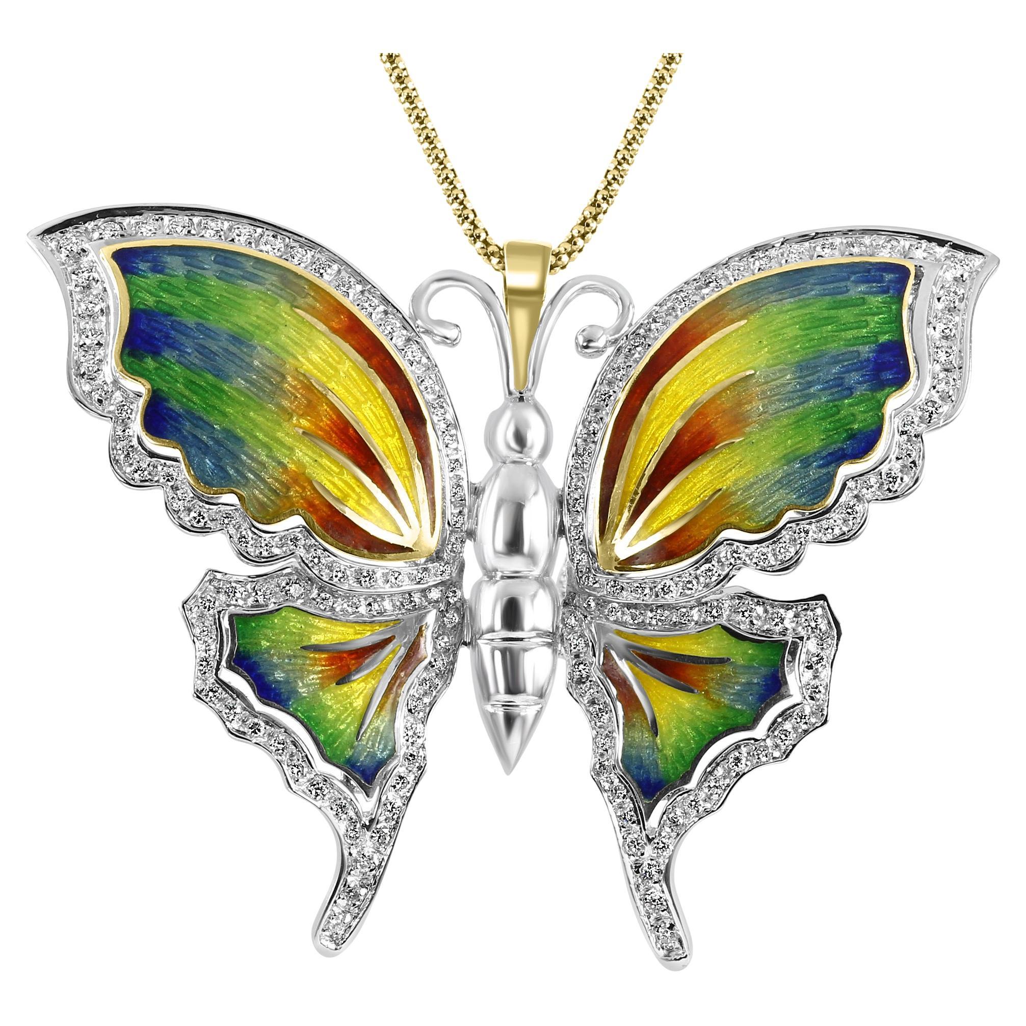 Diamond & Rainbow Enamel 18 Karat Yellow & White Gold Butterfly Brooch Pendant