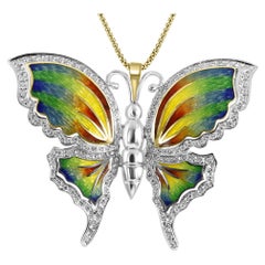 Diamond & Rainbow Enamel 18 Karat Yellow & White Gold Butterfly Brooch Pendant