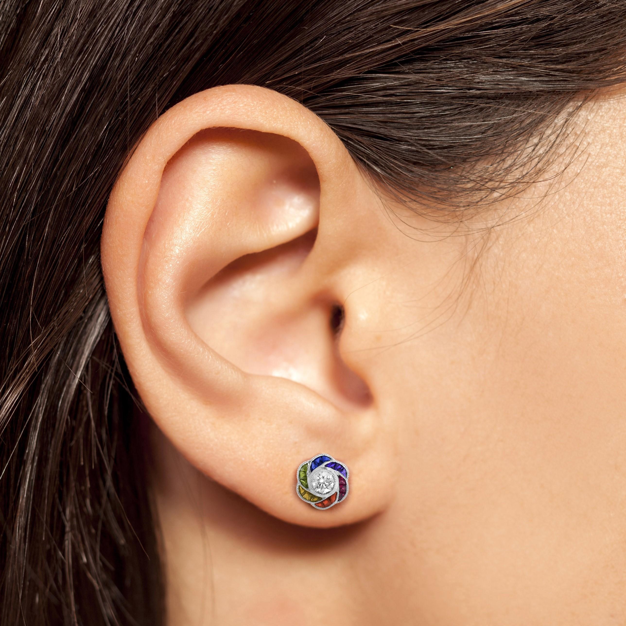 Discover our new collection ‘Be Elegance Over the Rainbow’ and celebrate the life that full of colors! Perfect with everyday wear, these charming vintage Art Deco revivalist design stud earrings feature a pair of brilliant cut diamonds surrounded by