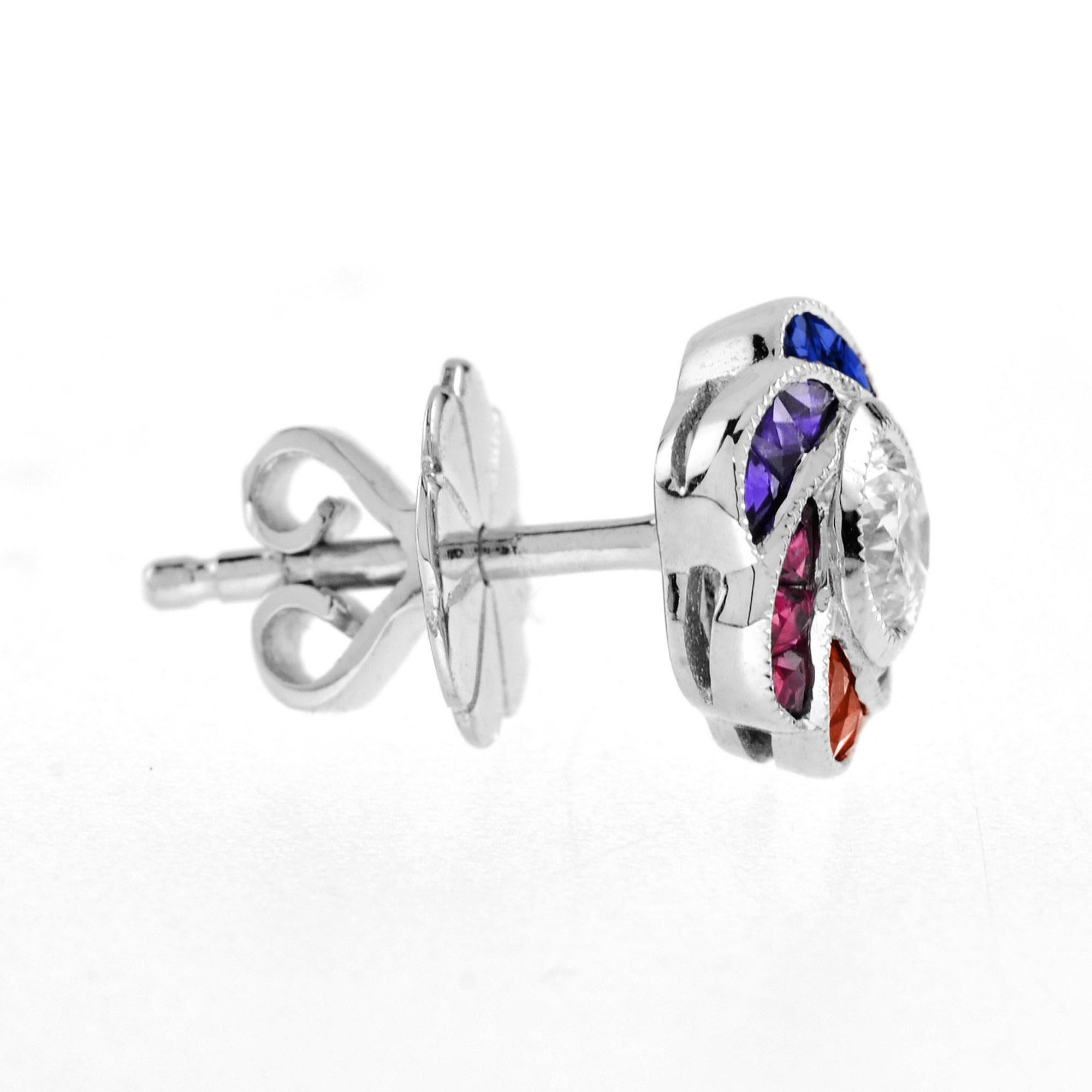 Round Cut Diamond Rainbow Sapphire Art Deco Style Floral Stud Earrings in 18K White Gold For Sale