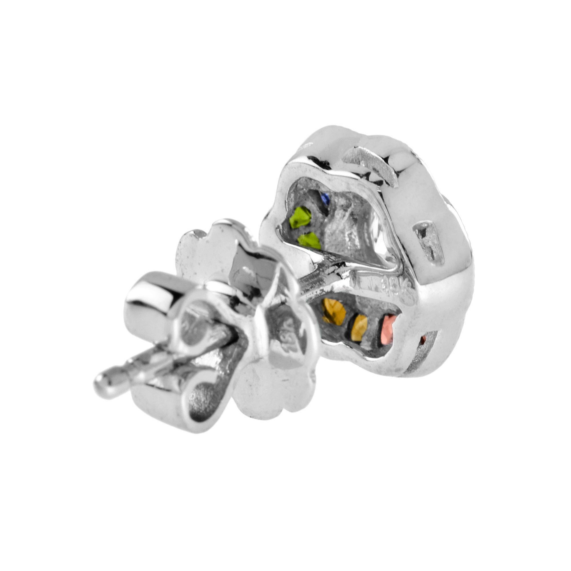 Diamond Rainbow Sapphire Art Deco Style Floral Stud Earrings in 18K White Gold In New Condition For Sale In Bangkok, TH