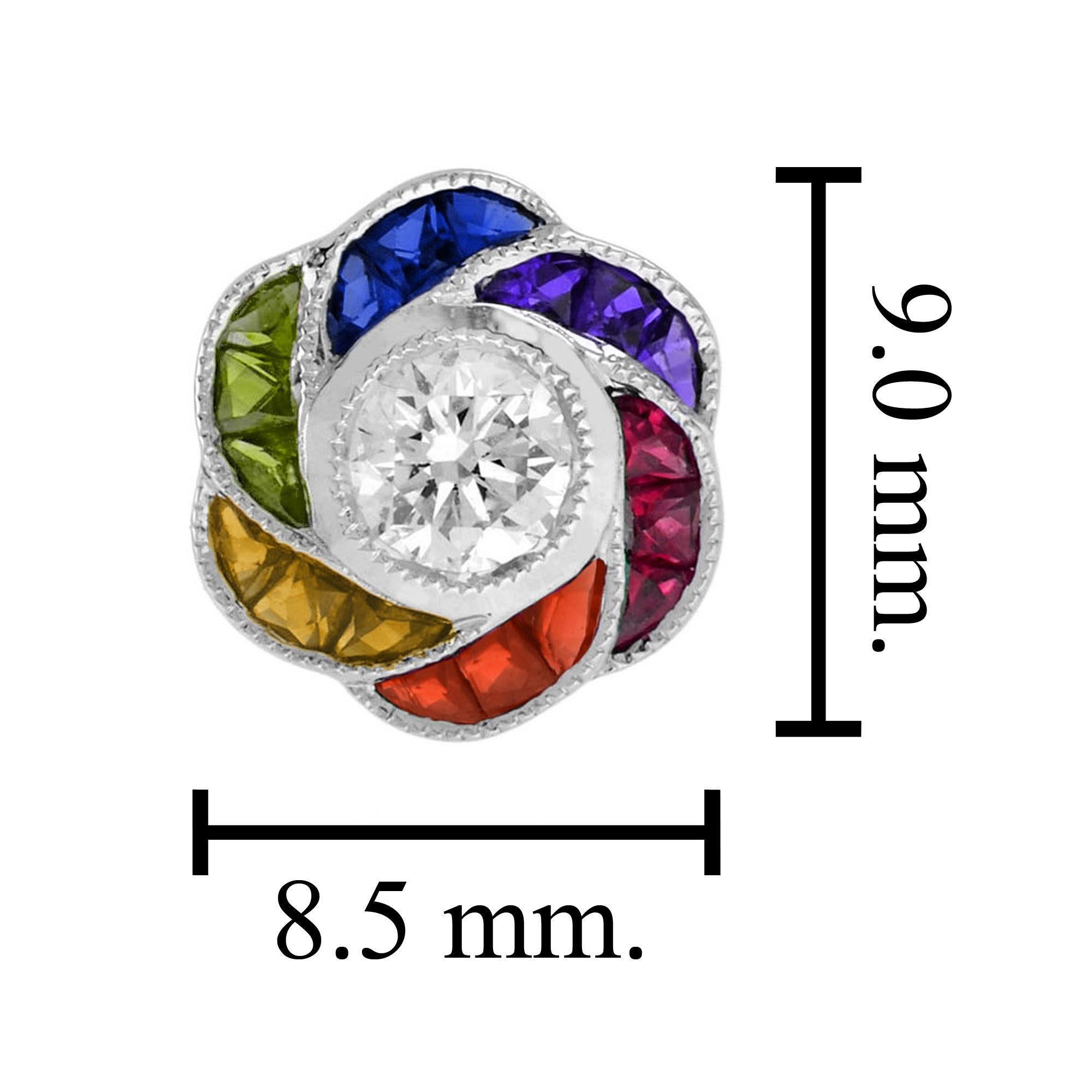 Women's Diamond Rainbow Sapphire Art Deco Style Floral Stud Earrings in 18K White Gold For Sale