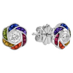 Diamond Rainbow Sapphire Art Deco Style Floral Stud Earrings in 18K White Gold