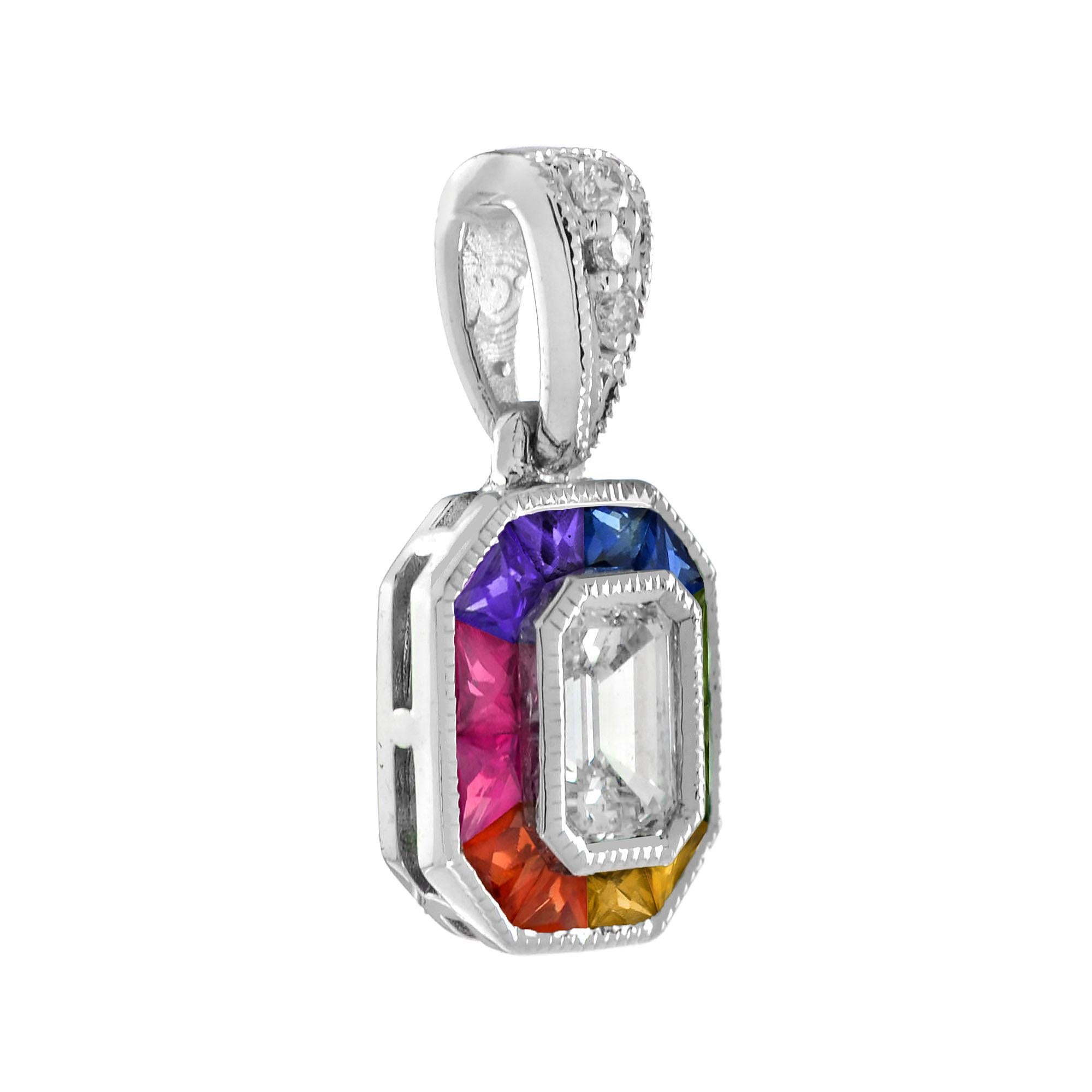 Emerald Cut Diamond Rainbow Sapphire Art Deco Style Pendant in 18K White Gold For Sale