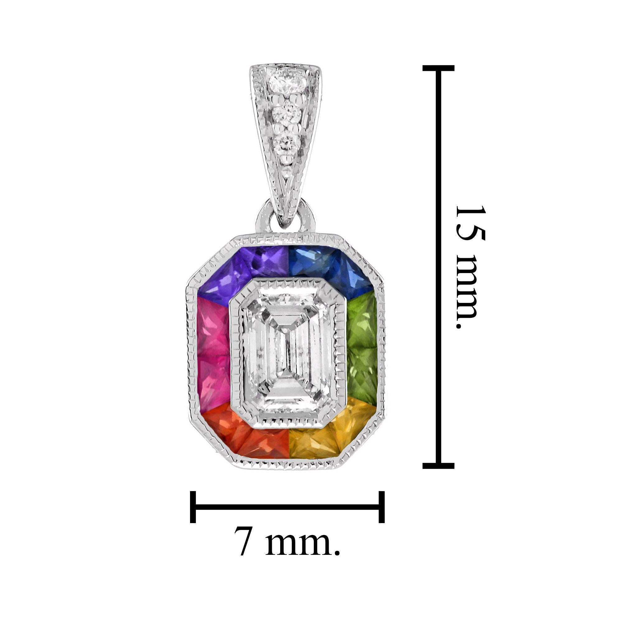 Women's Diamond Rainbow Sapphire Art Deco Style Pendant in 18K White Gold For Sale