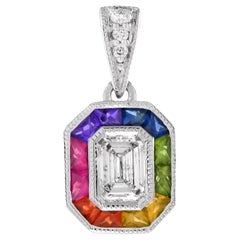 Diamond Rainbow Sapphire Art Deco Style Pendant in 18K White Gold