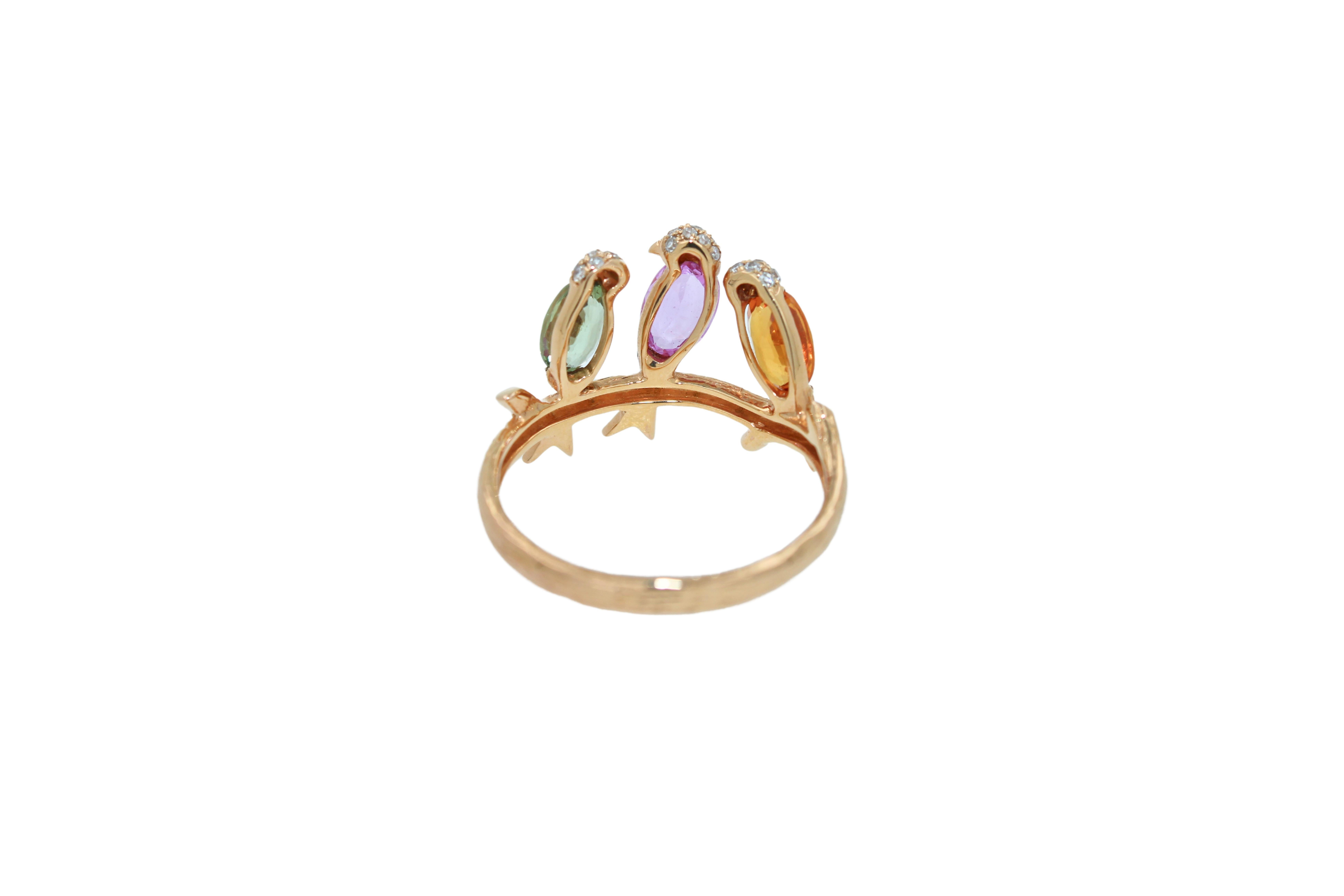 Diamond Rainbow Sapphire Gemstone Bird Canaries Parrots Rose Gold Cocktail Ring For Sale 3