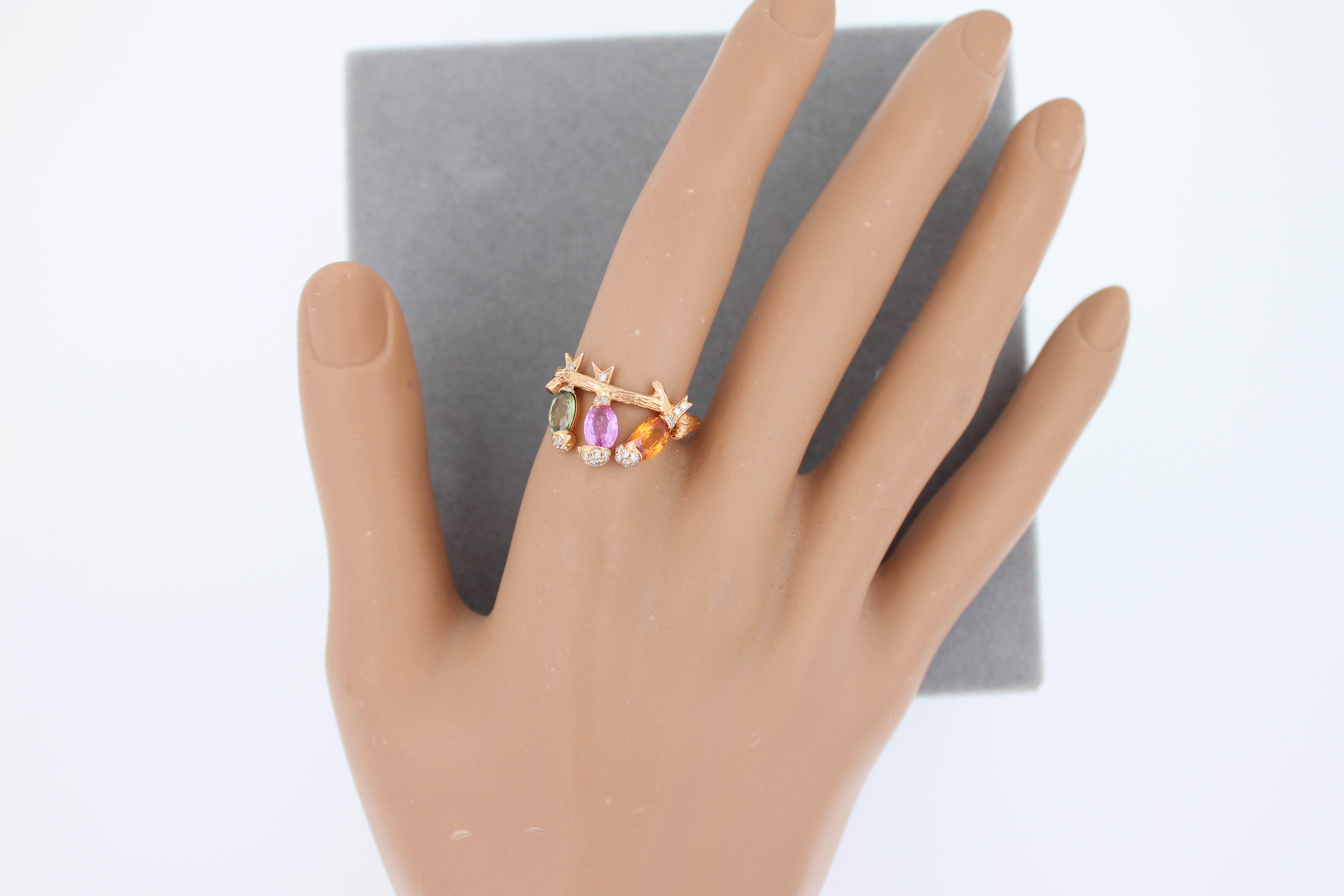 Diamond Rainbow Sapphire Gemstone Bird Canaries Parrots Rose Gold Cocktail Ring For Sale 12