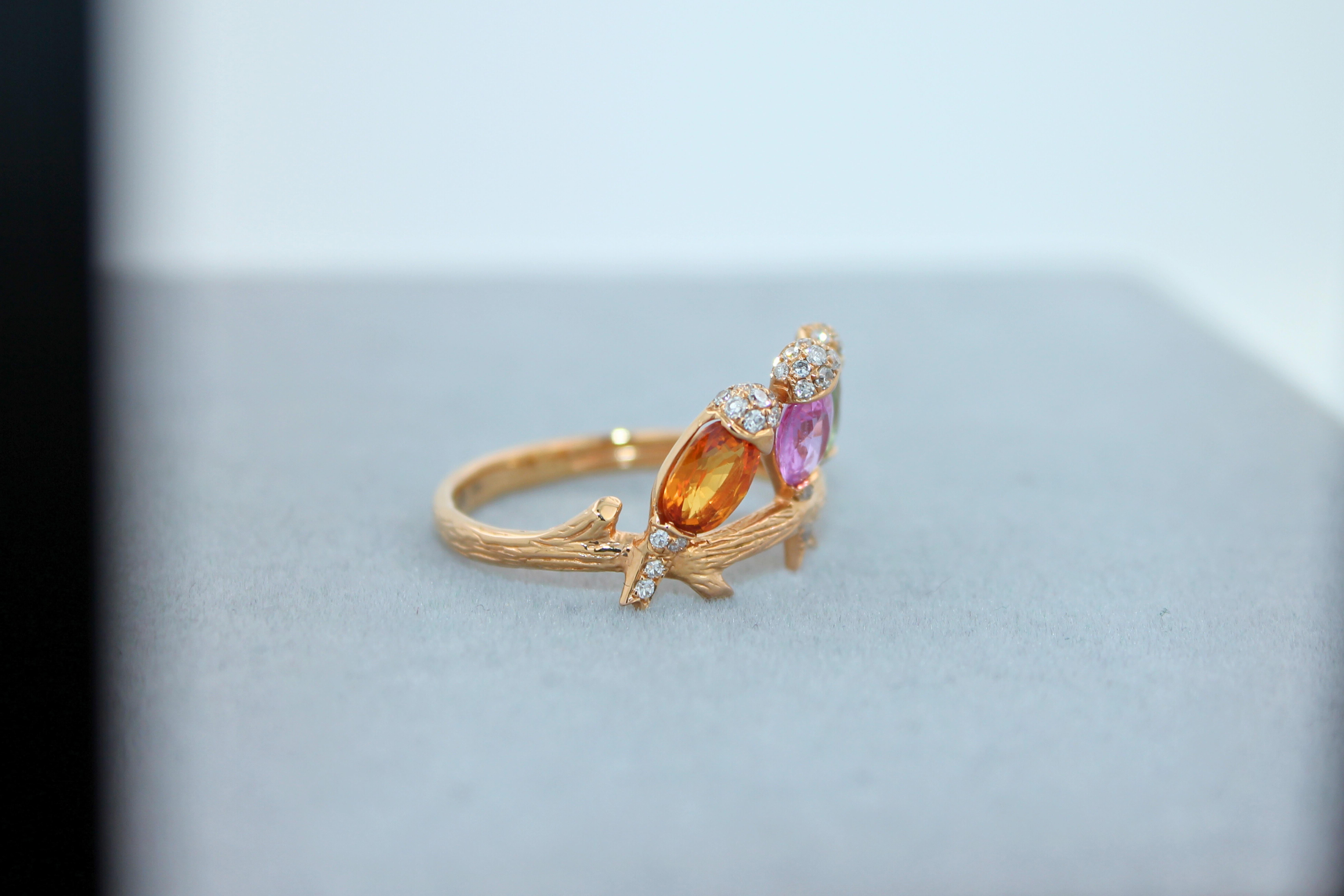 Mixed Cut Diamond Rainbow Sapphire Gemstone Bird Canaries Parrots Rose Gold Cocktail Ring For Sale