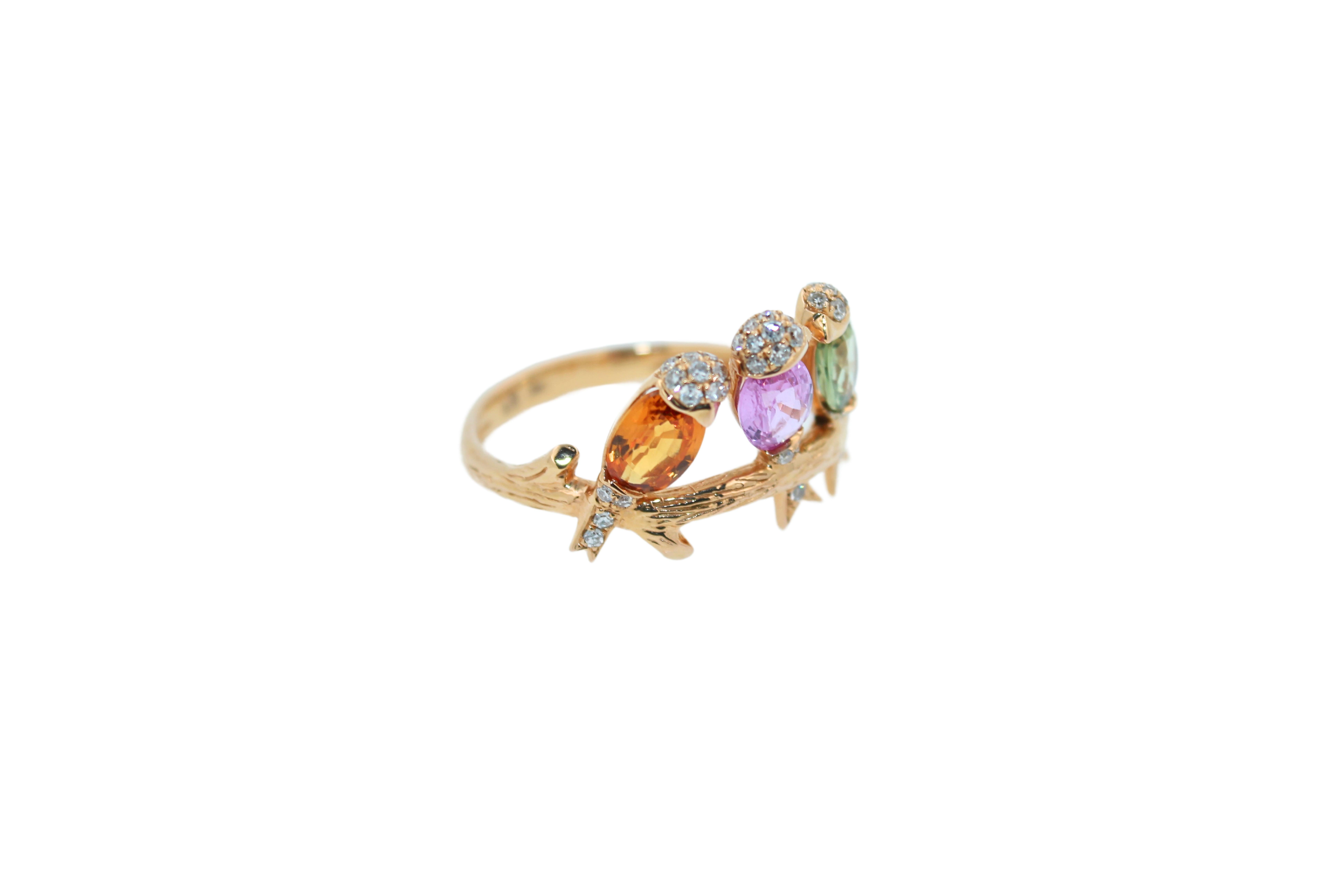 Women's or Men's Diamond Rainbow Sapphire Gemstone Bird Canaries Parrots Rose Gold Cocktail Ring For Sale