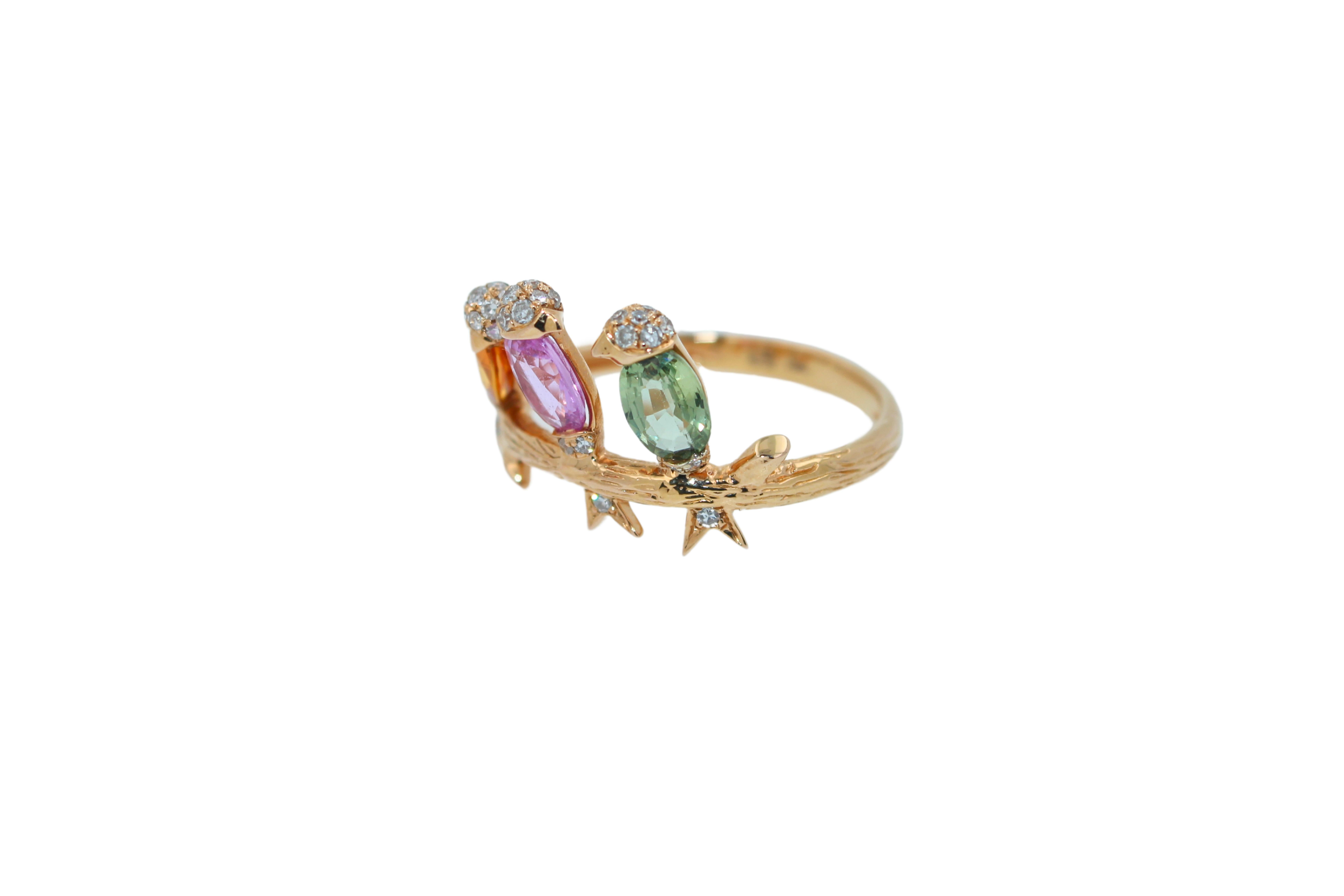 Diamond Rainbow Sapphire Gemstone Bird Canaries Parrots Rose Gold Cocktail Ring For Sale 1