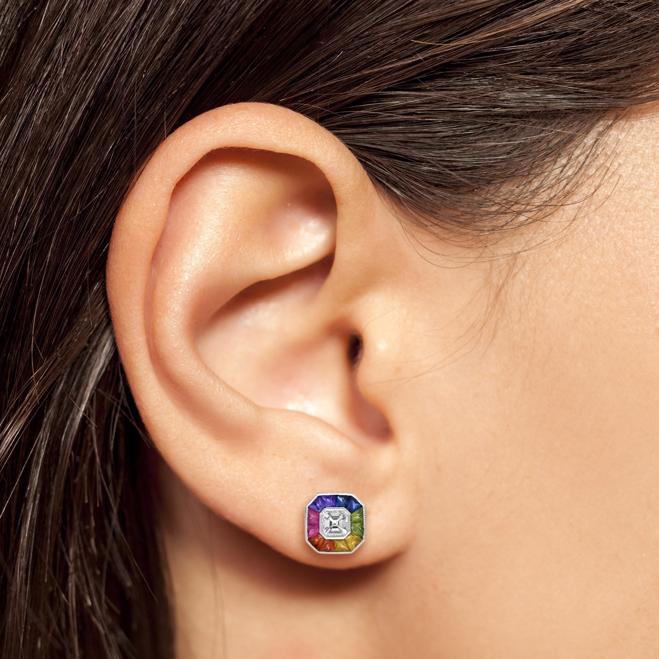 Discover our new collection ‘Be Elegance Over the Rainbow’ and celebrate the life that full of colors! These Art-Deco stud earrings are completely spectacular! The vibrant rainbow color sapphire stone is a specialty cut to surround the excellent