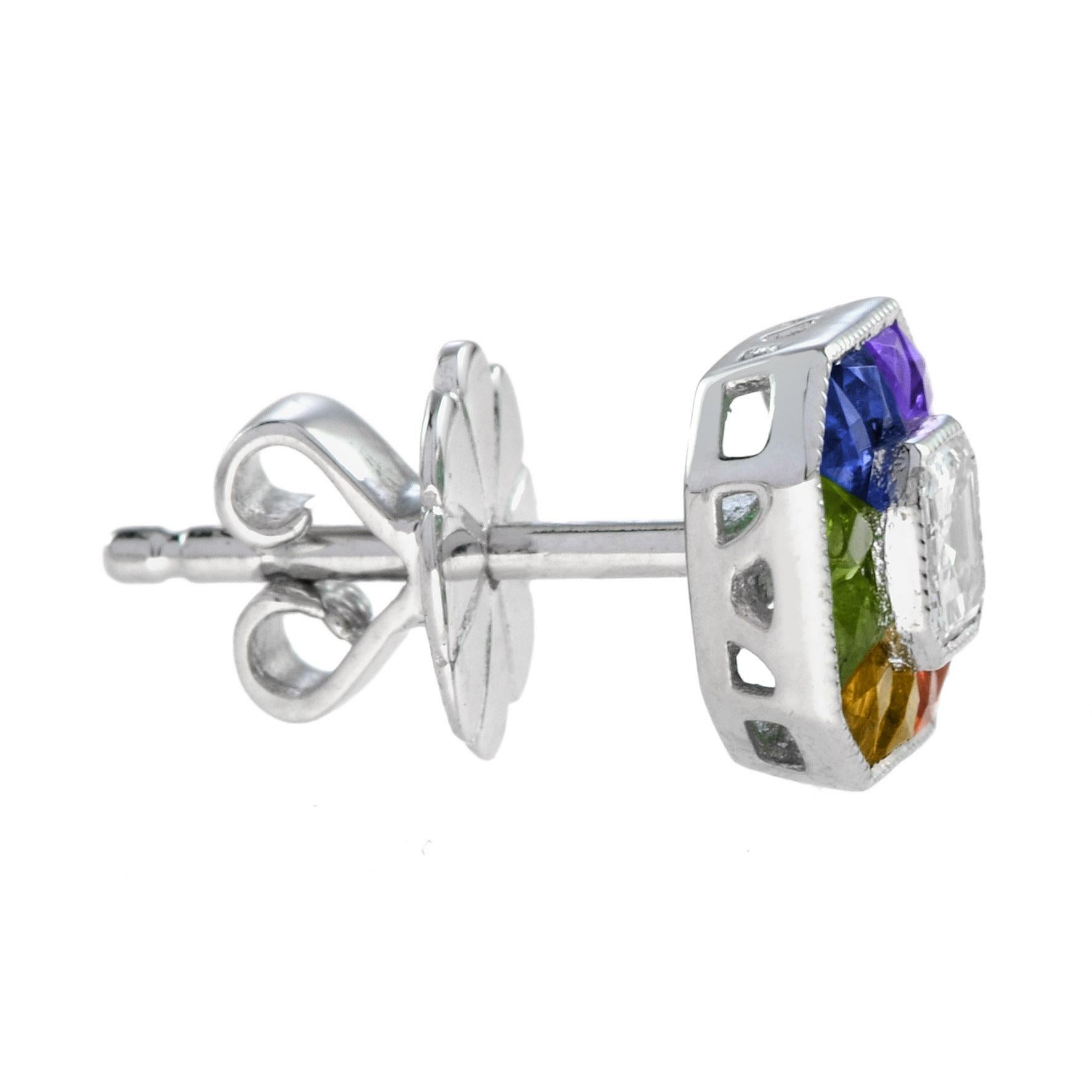 Art Deco Diamond Rainbow Sapphire Octagon Shape Stud Earrings in 14K White Gold For Sale