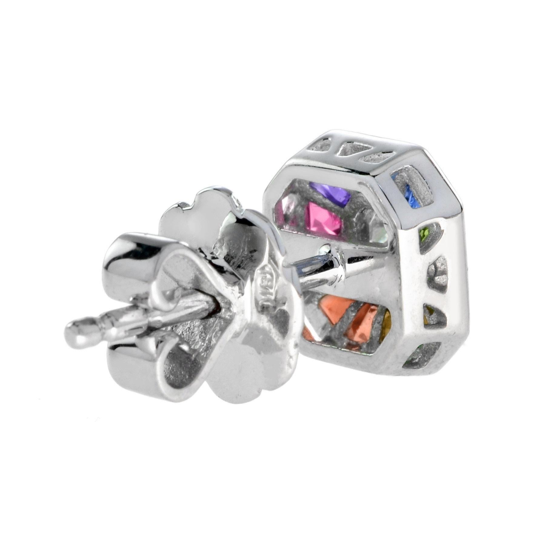 Emerald Cut Diamond Rainbow Sapphire Octagon Shape Stud Earrings in 14K White Gold For Sale