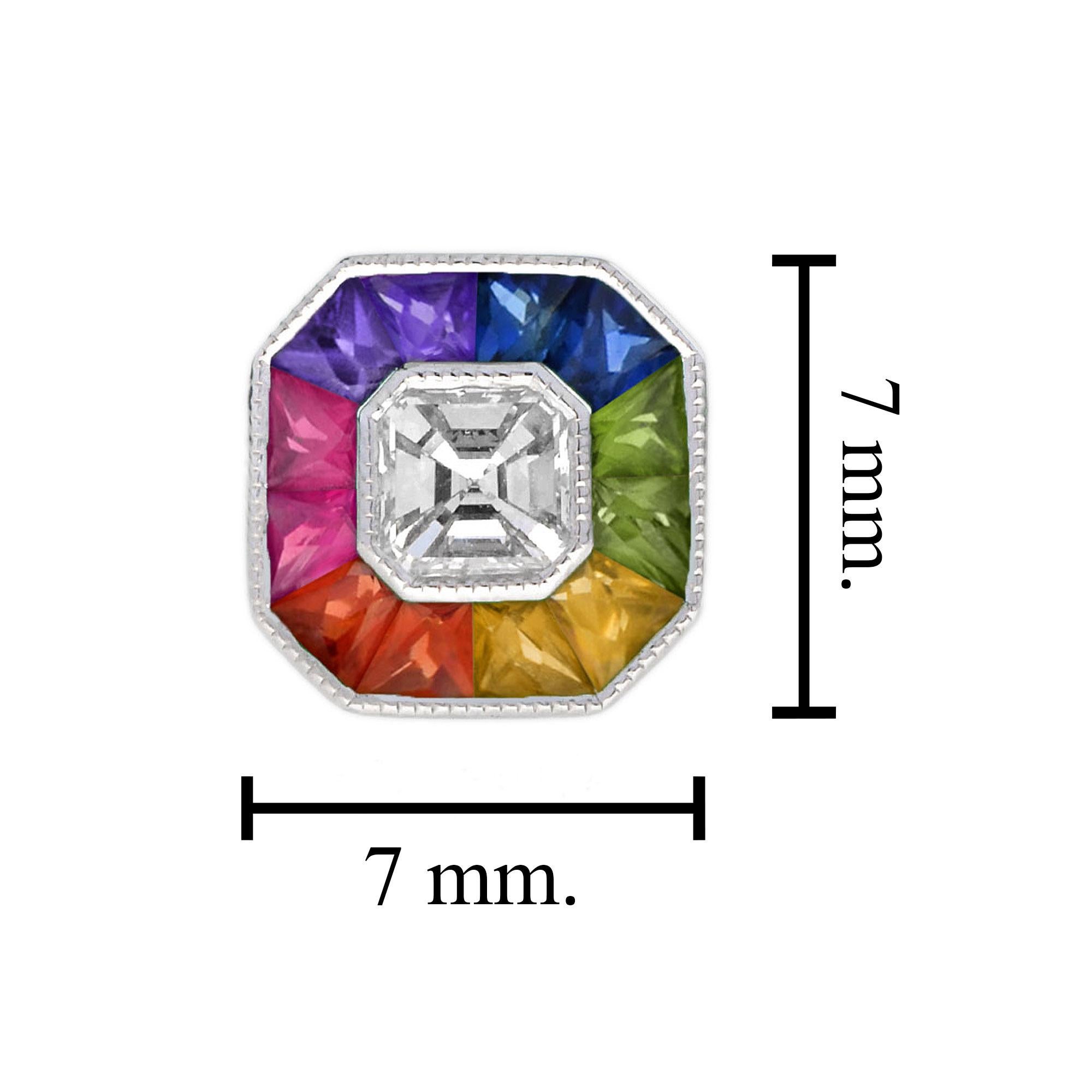 Diamond Rainbow Sapphire Octagon Shape Stud Earrings in 14K White Gold In New Condition For Sale In Bangkok, TH