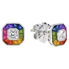 Diamond Rainbow Sapphire Octagon Shape Stud Earrings in 14K White Gold