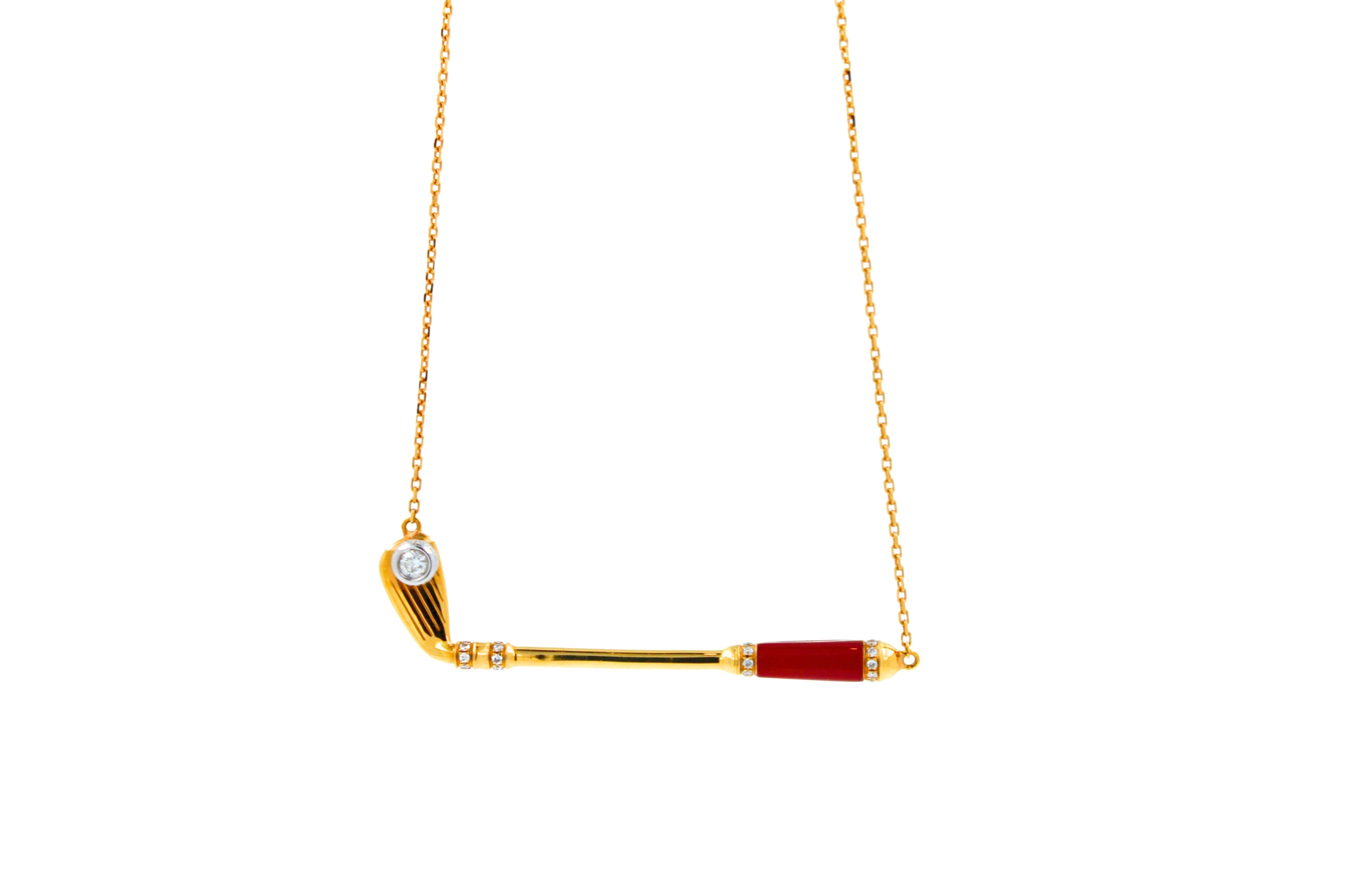 18K Yellow Gold
Red Carnelian Gemstone Handle
White Diamond Golf Ball Gemstone
0.20 cts Diamonds
16-18 inches Diamond-Cut Link Cable chain length
In-Stock
This is part of Galt & Bro. Jewelry's exclusive, custom made-to-order Golf Club Birdies