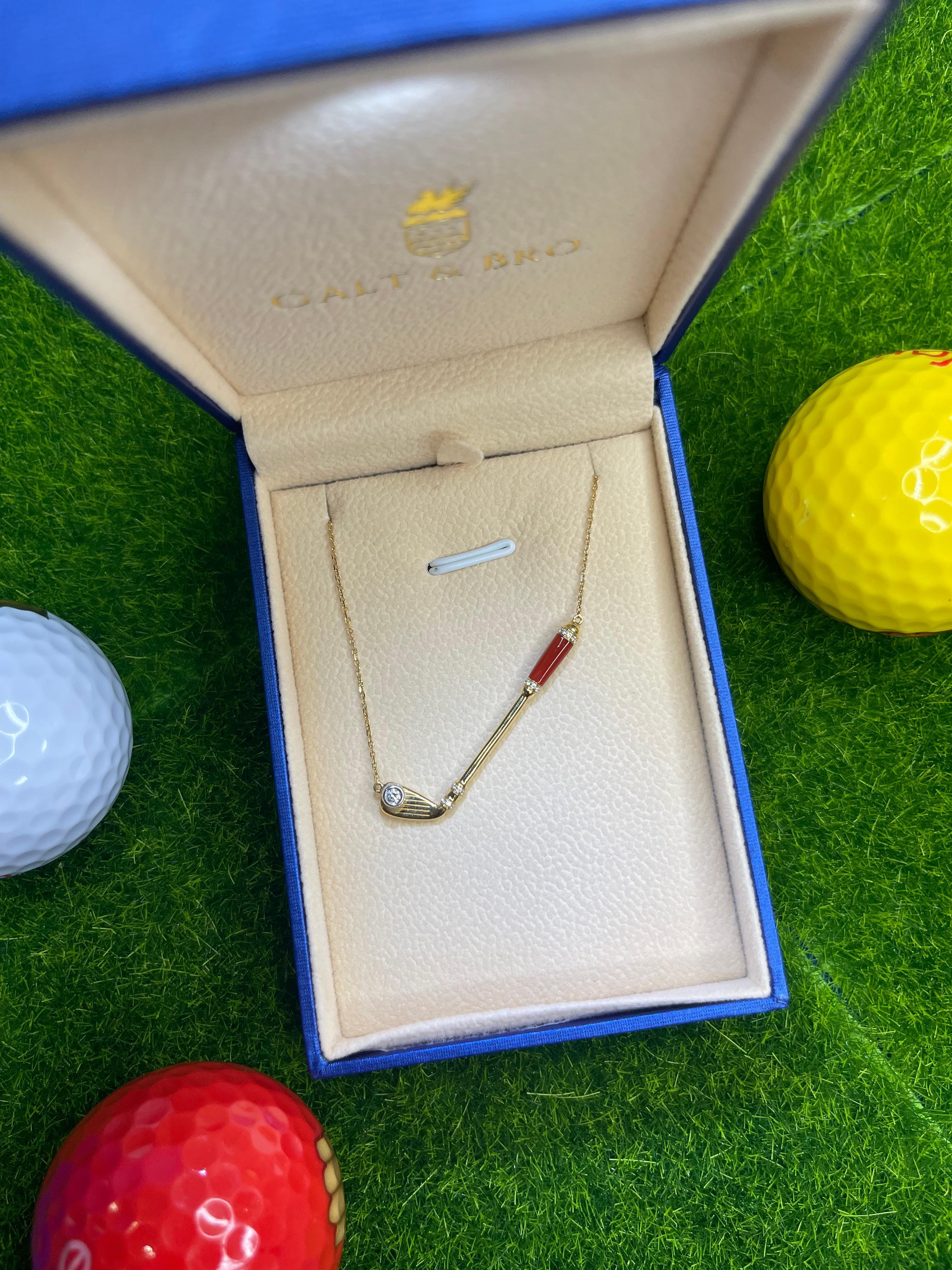 Mixed Cut Diamond Red Carnelian Golf Bird Club 18 Karat Yellow Gold Pendant Charm Necklace For Sale