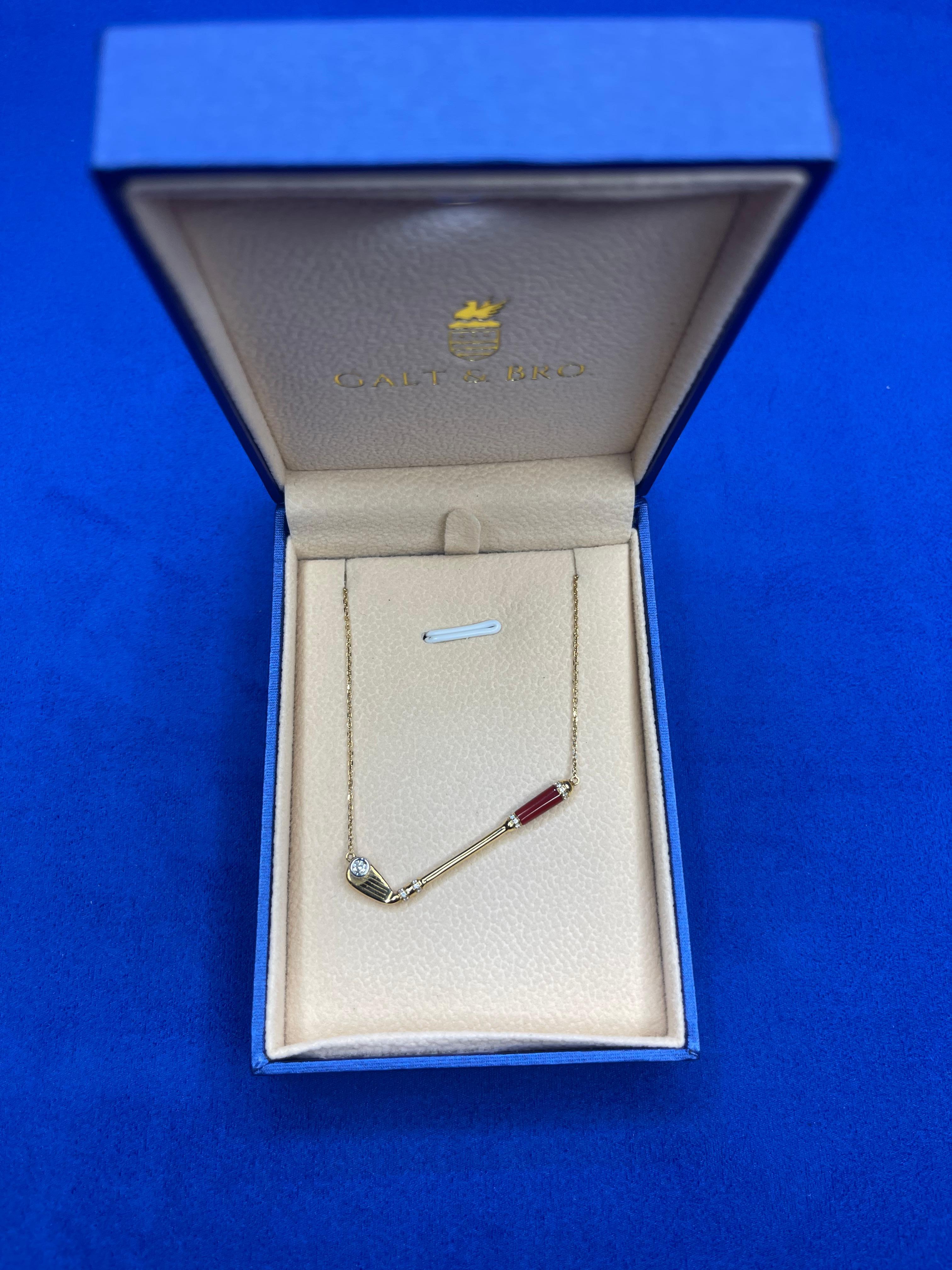 Diamond Red Carnelian Golf Bird Club 18 Karat Yellow Gold Pendant Charm Necklace In New Condition For Sale In Oakton, VA