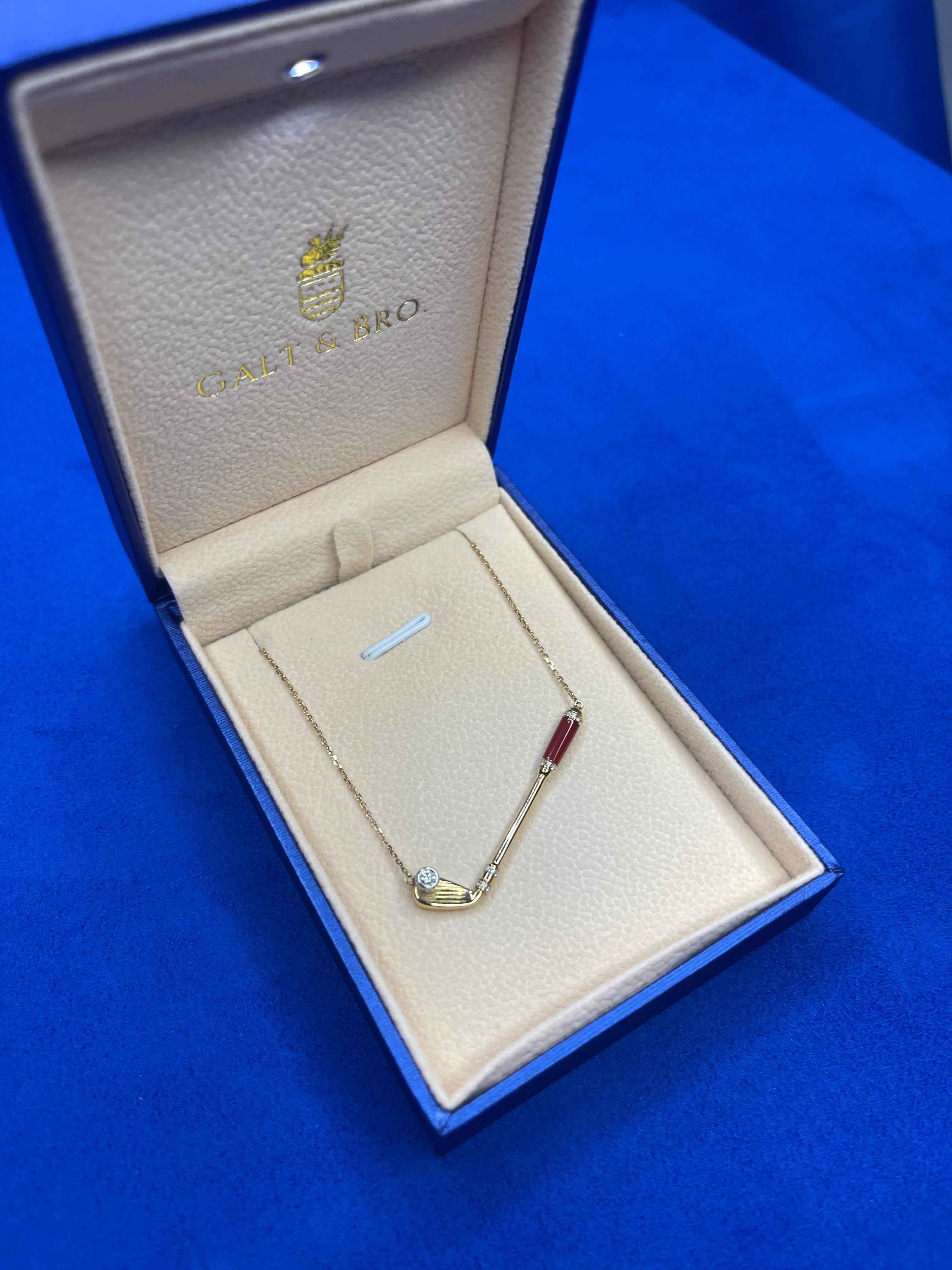 Women's or Men's Diamond Red Carnelian Golf Bird Club 18 Karat Yellow Gold Pendant Charm Necklace For Sale