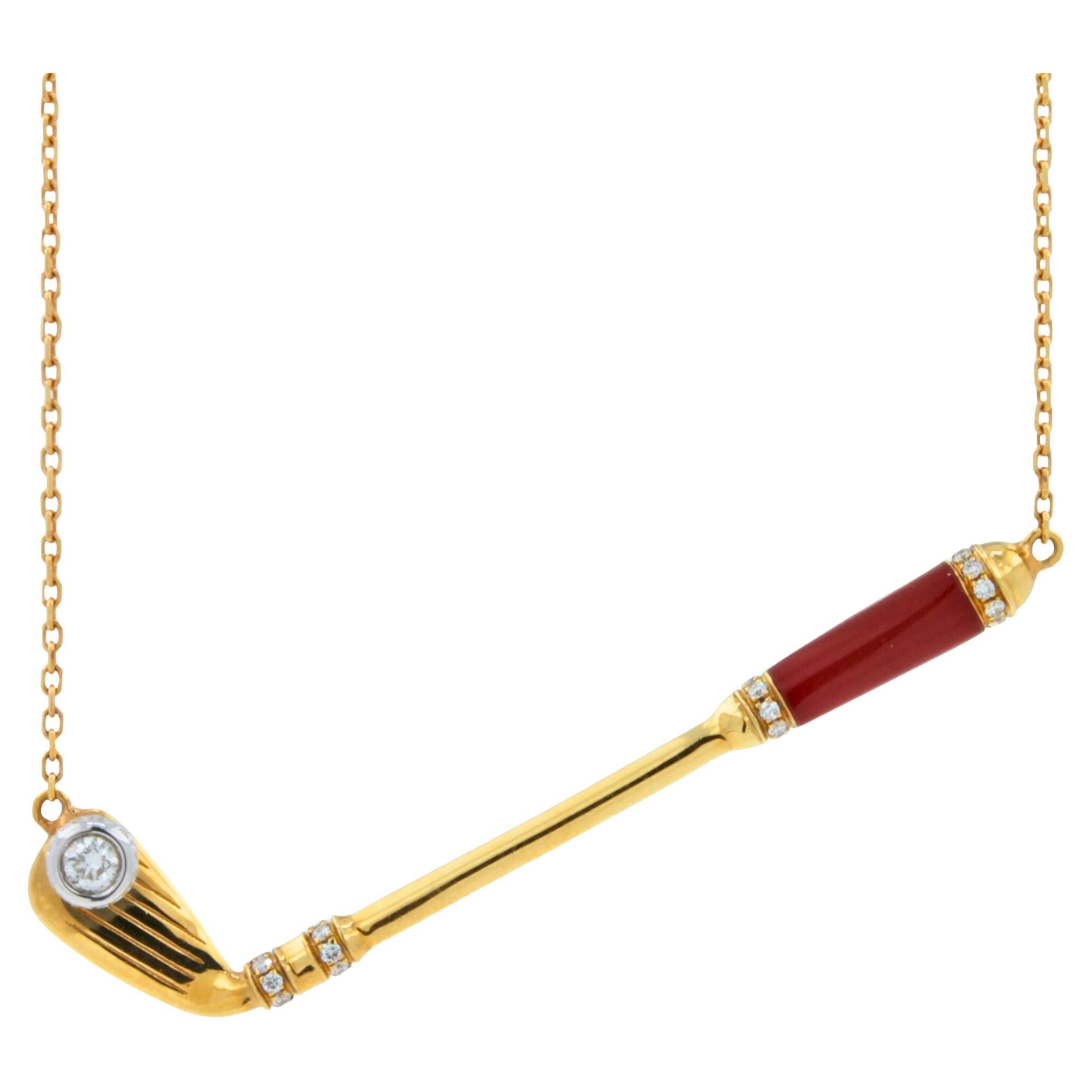 Diamond Red Carnelian Golf Bird Club 18 Karat Yellow Gold Pendant Charm Necklace For Sale