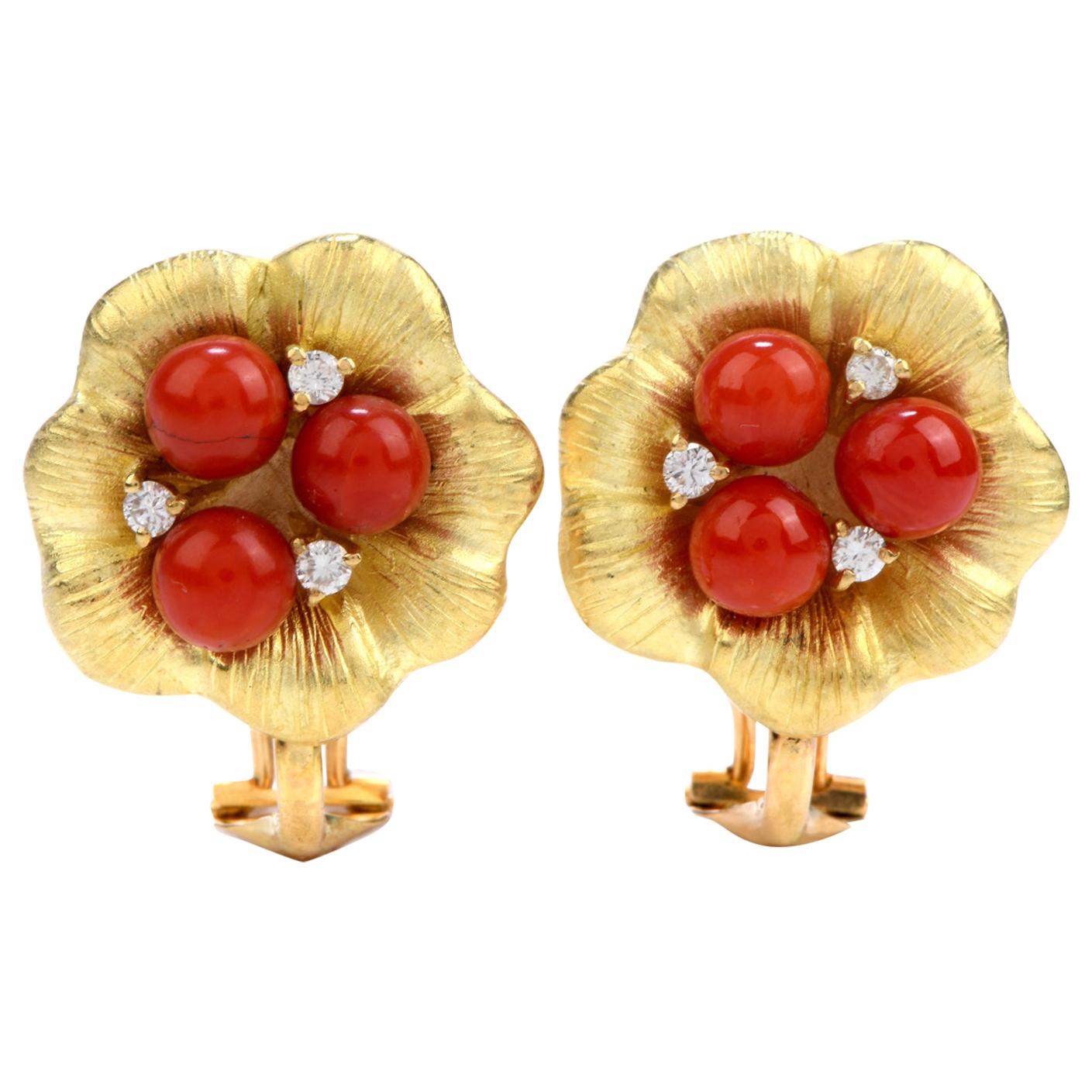 Diamond Red Coral 18 Karat Gold Flower Clip-On Stud Earrings