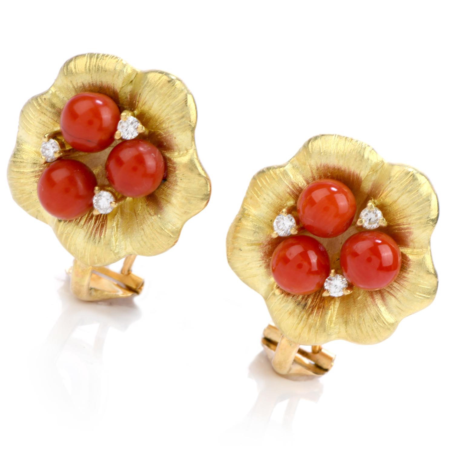  Elegant and Discrete,

these Flower Inspired Deep Red Color Coral & Diamond Clip On Earrings are flawlessly handcrafted in

 in Solid 18K Yellow Gold with a fine Textured finish,

the Cluster Style Center Design,

displays 6 Cut Diamonds with a