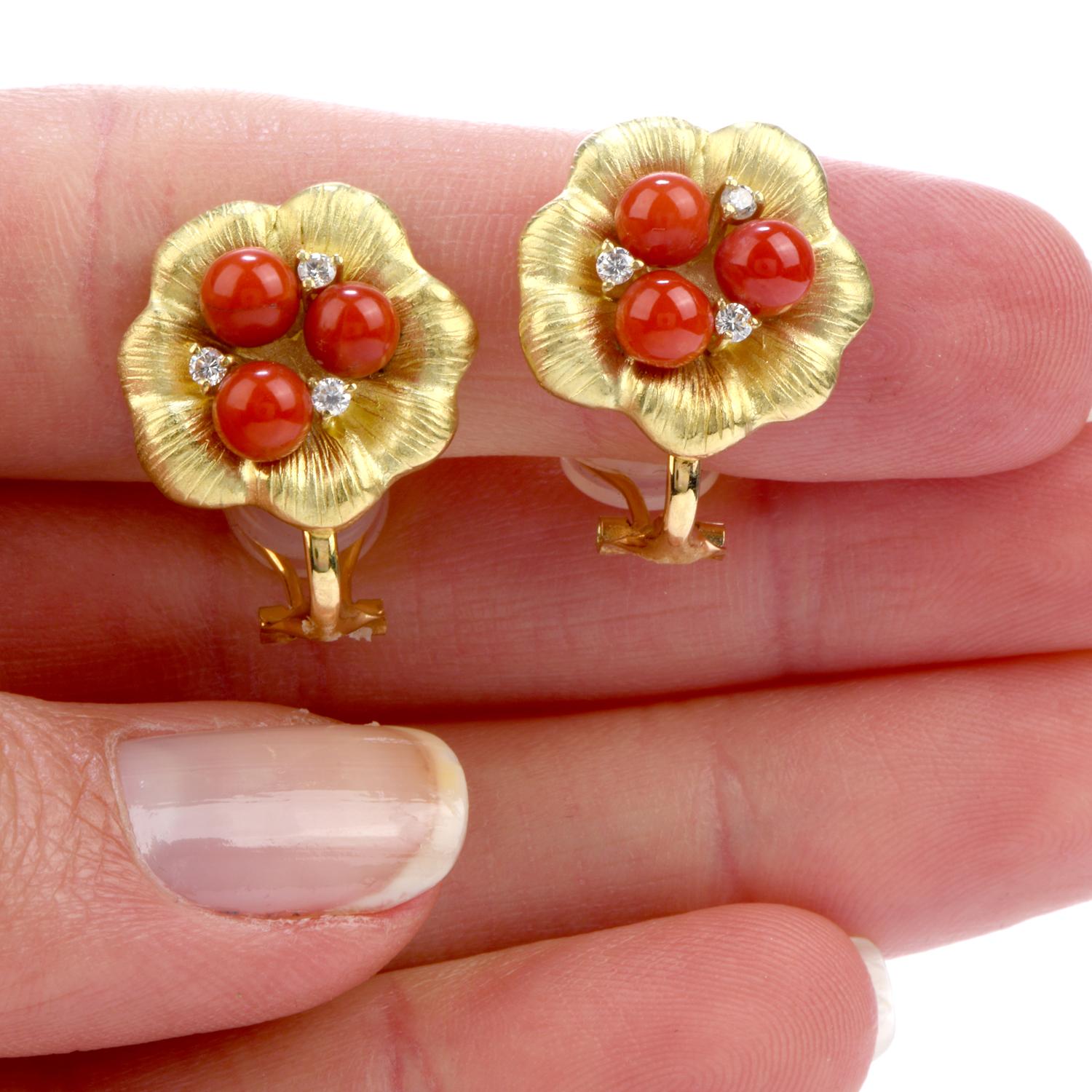 Round Cut Diamond Red Coral 18 Karat Gold Flower Clip-On Stud Earrings
