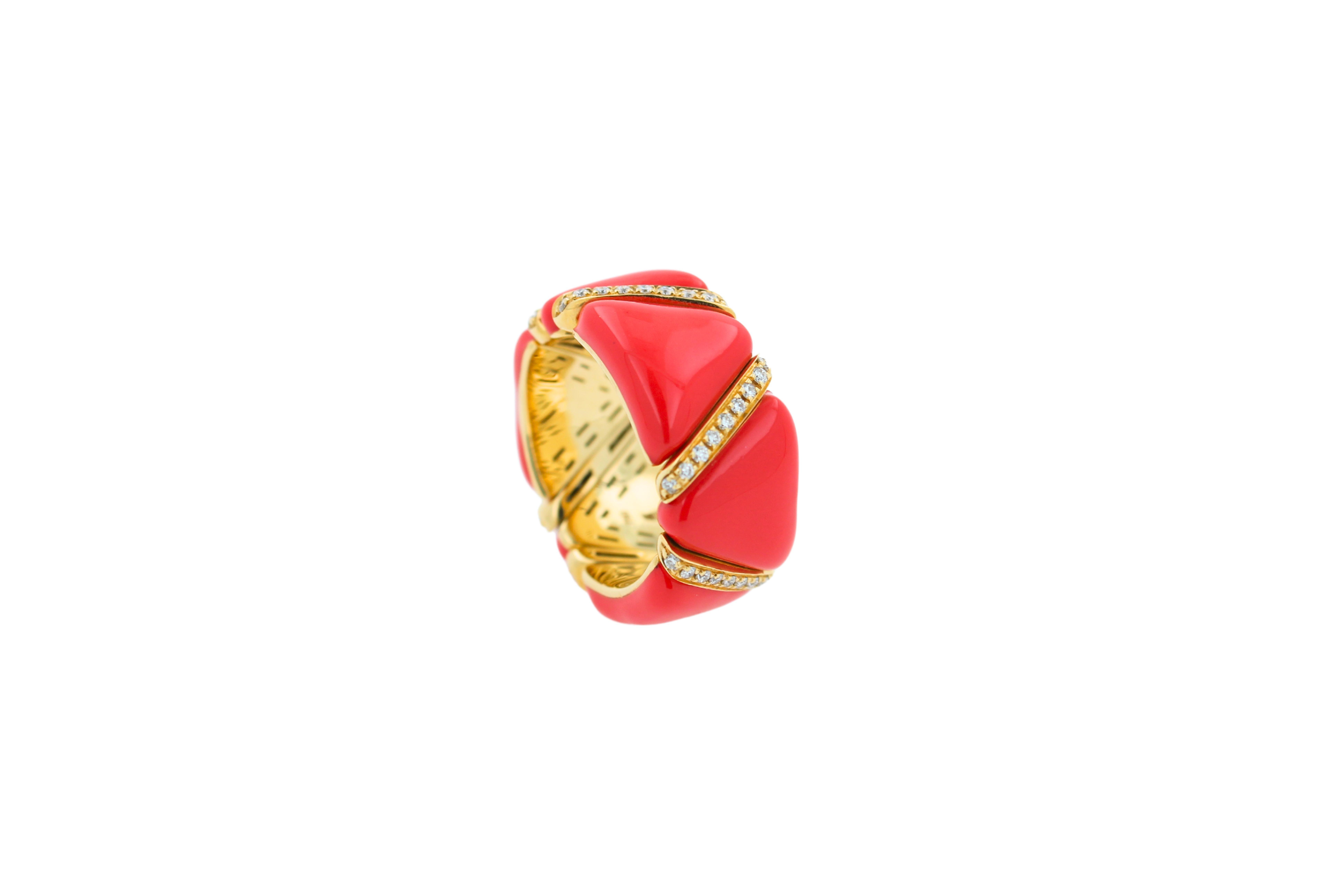 Art Deco Diamond Red Coral Enamel Flexible Eternity Band 18 Karat Yellow Gold Unique Ring For Sale