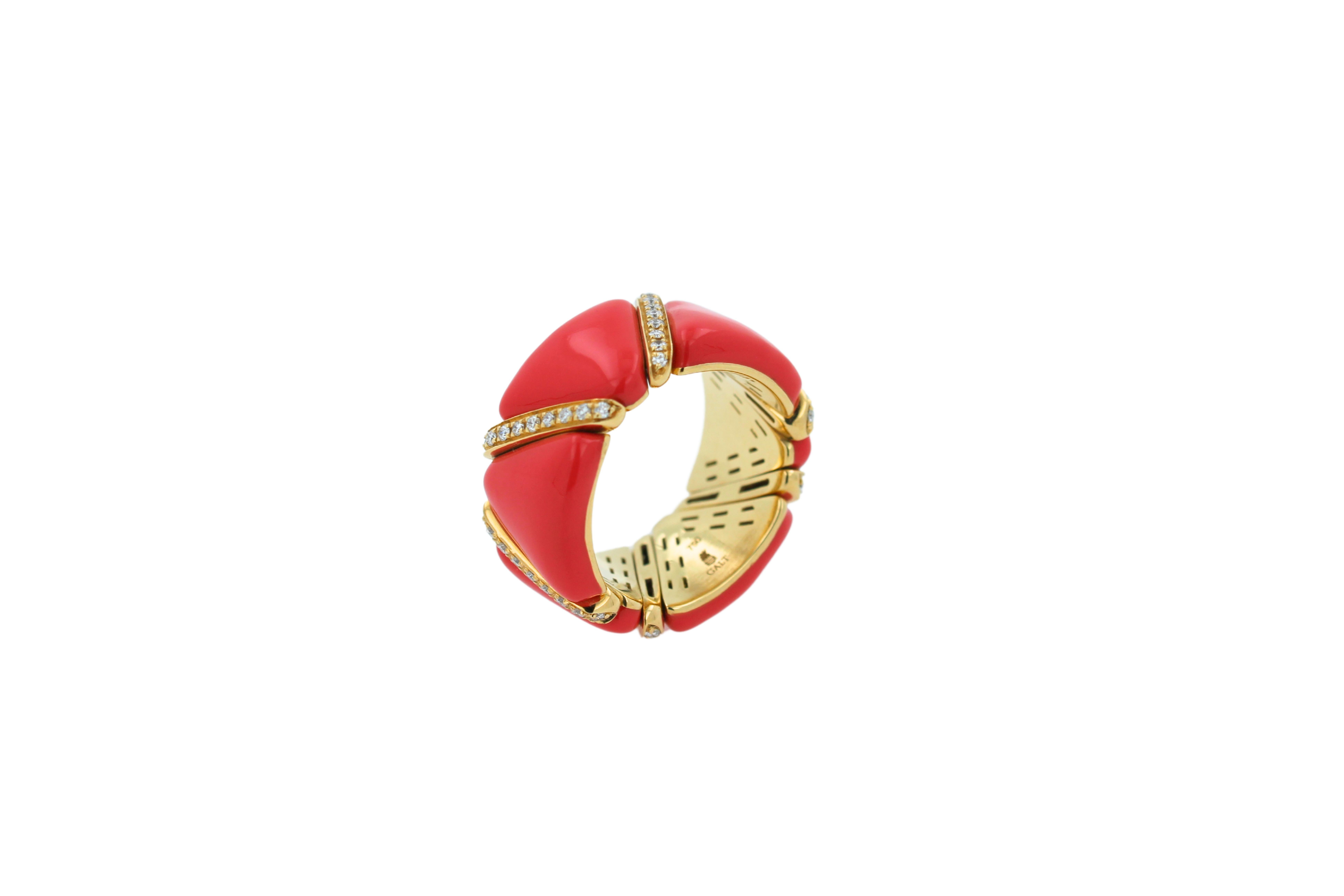 Mixed Cut Diamond Red Coral Enamel Flexible Eternity Band 18 Karat Yellow Gold Unique Ring For Sale