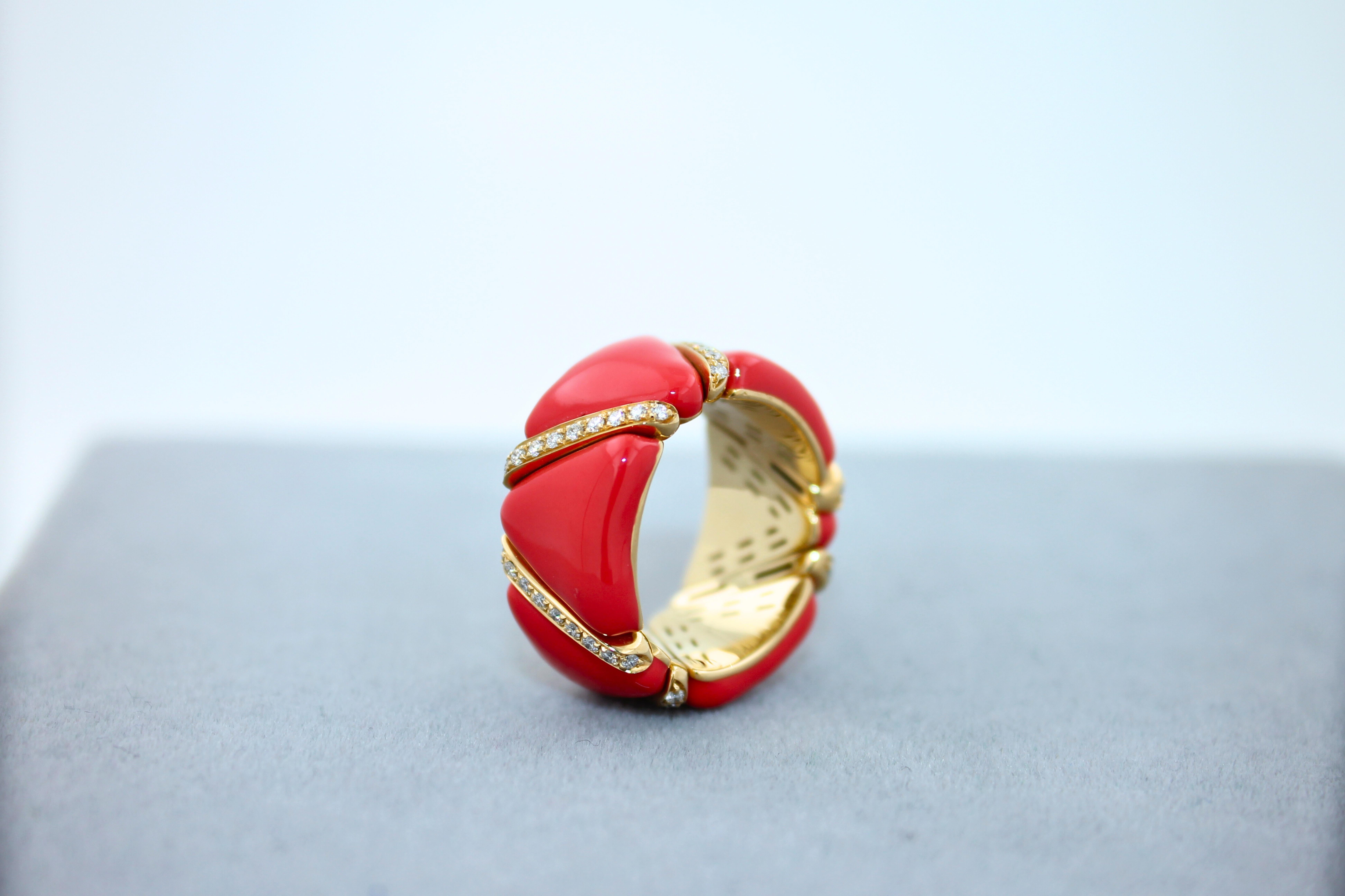 Women's or Men's Diamond Red Coral Enamel Flexible Eternity Band 18 Karat Yellow Gold Unique Ring For Sale