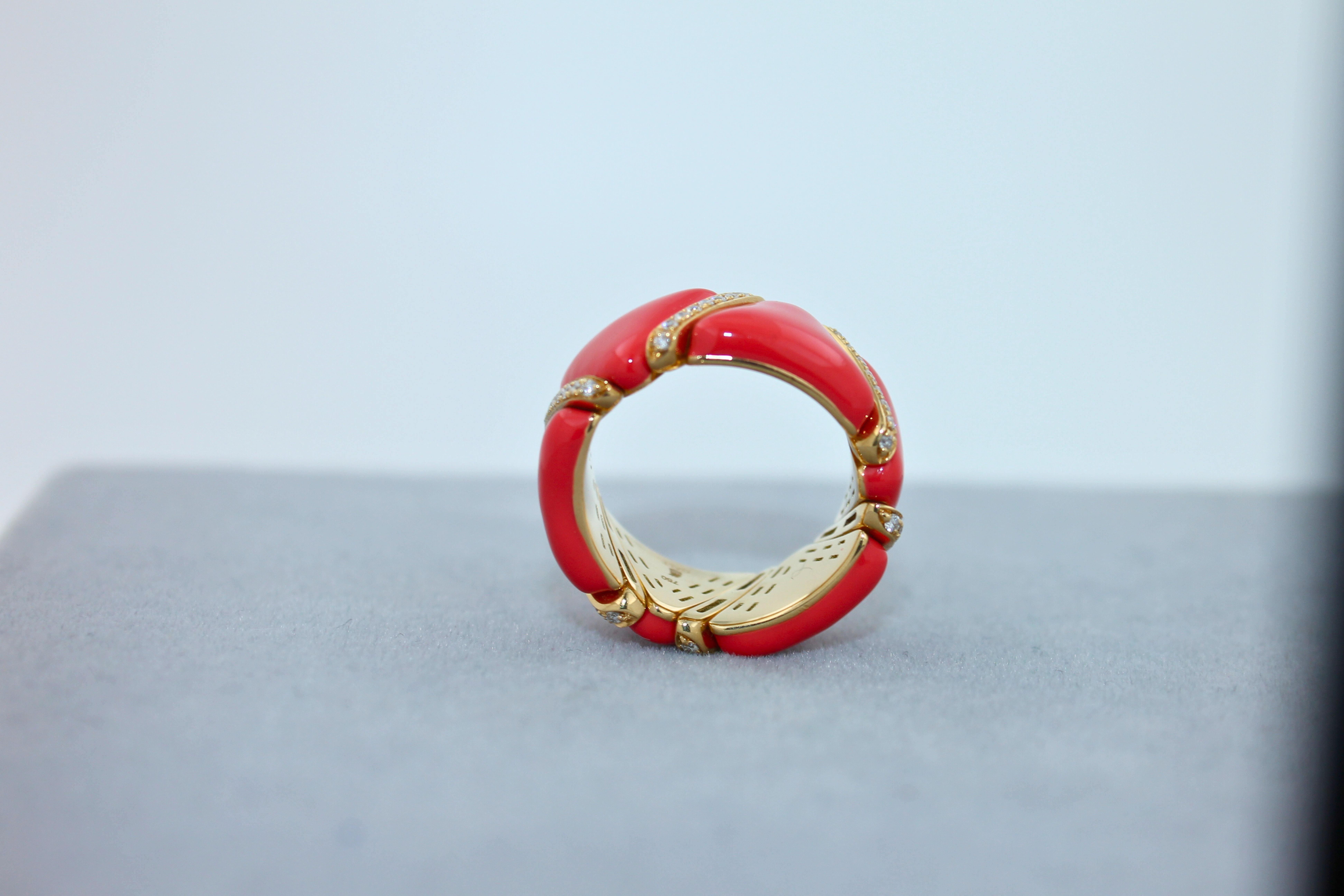 Diamond Red Coral Enamel Flexible Eternity Band 18 Karat Yellow Gold Unique Ring For Sale 1