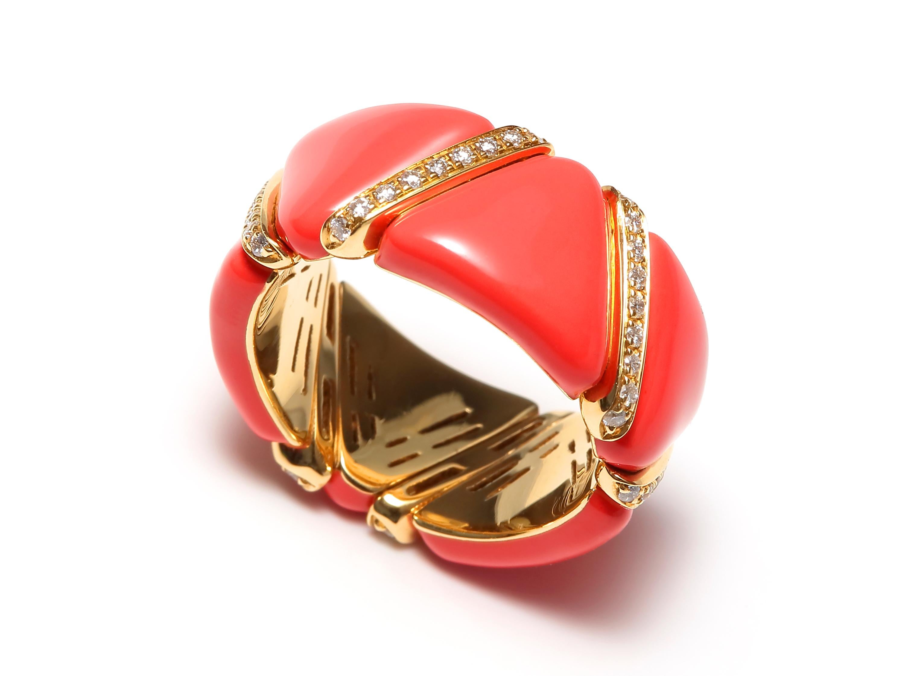 Diamond Enamel Red Coral Glaze Ring

Diamond Red Coral Enamel Flexible Eternity Band Unique 18 Karat Yellow Gold Ring

Mixing an art deco aesthetic with contemporary flair, the hand-made rings in pink, white and yellow 18k gold are versatile and